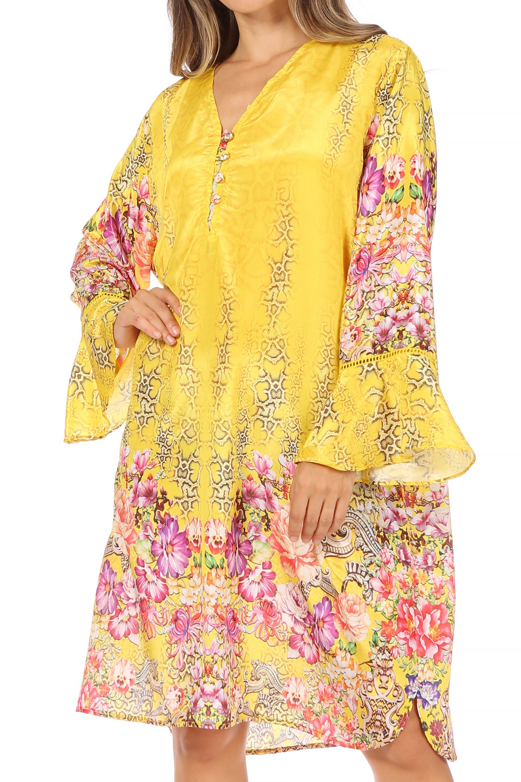 Sakkas - Ximena Floral Boho Cocktail Dress Tunic Cover-up V neck