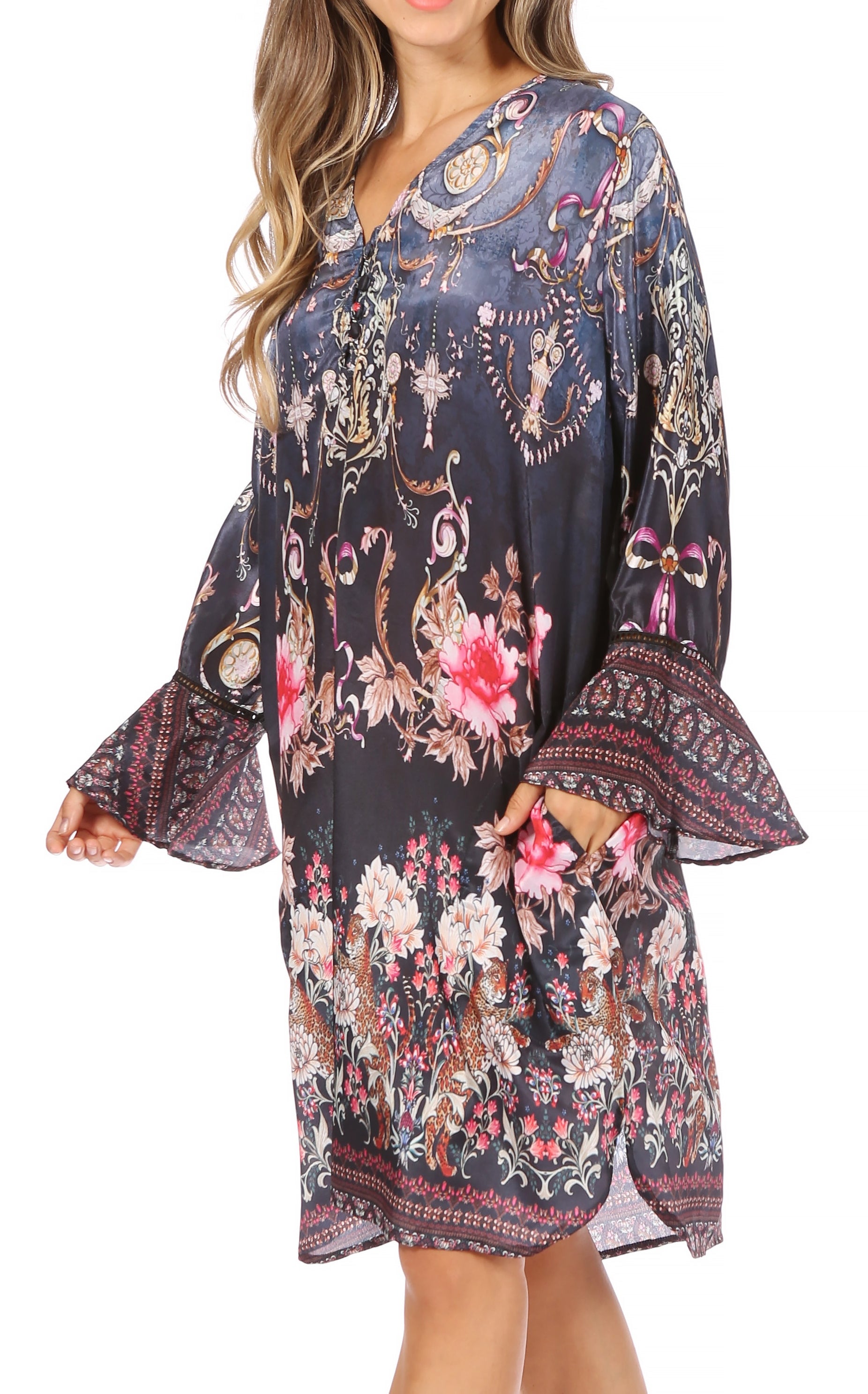 Sakkas - Ximena Floral Boho Cocktail Dress Tunic Cover-up V neck