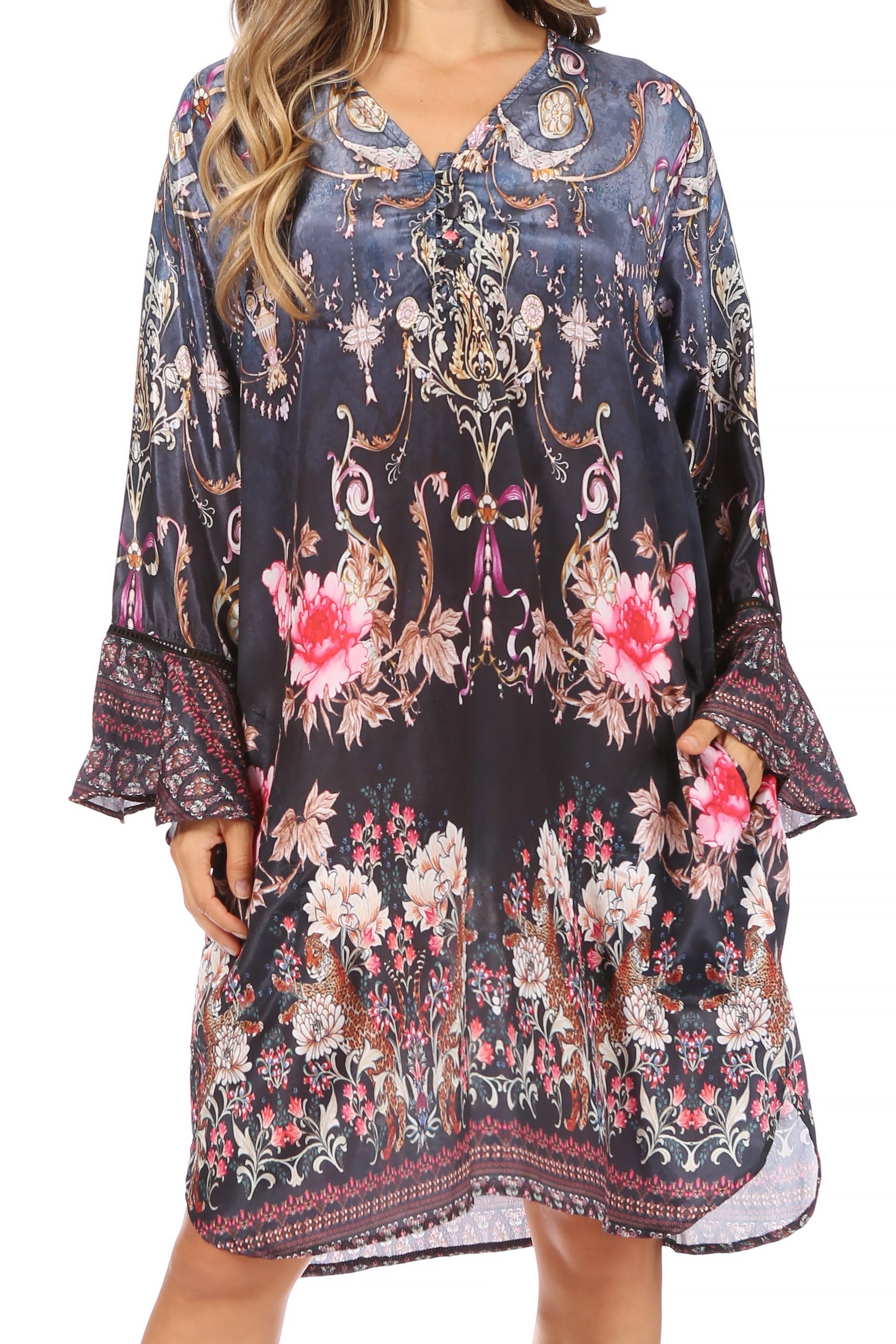 Sakkas - Ximena Floral Boho Cocktail Dress Tunic Cover-up V neck