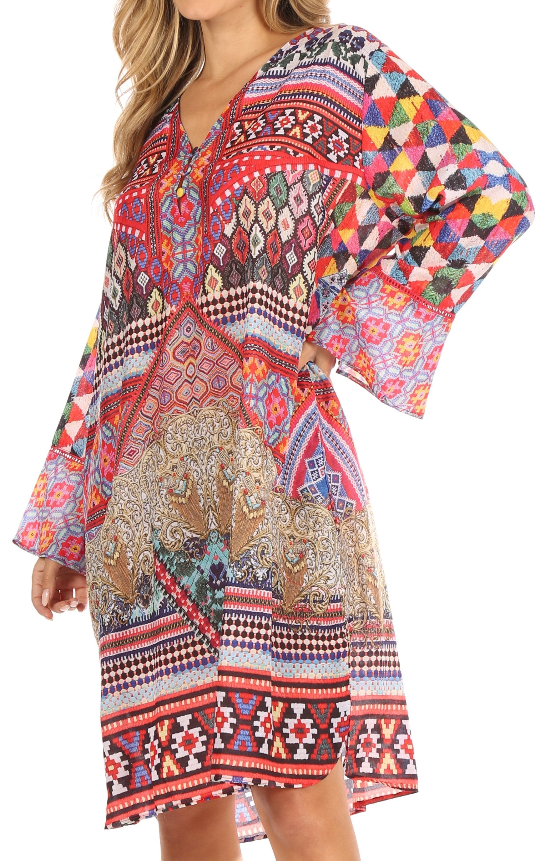 Sakkas - Ximena Floral Boho Cocktail Dress Tunic Cover-up V neck
