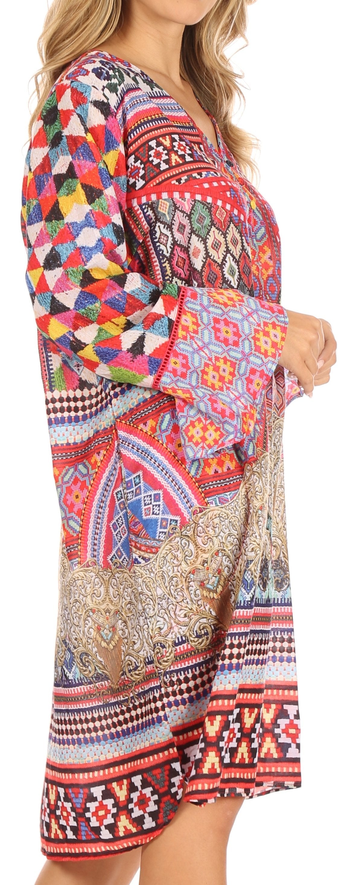 Sakkas - Ximena Floral Boho Cocktail Dress Tunic Cover-up V neck