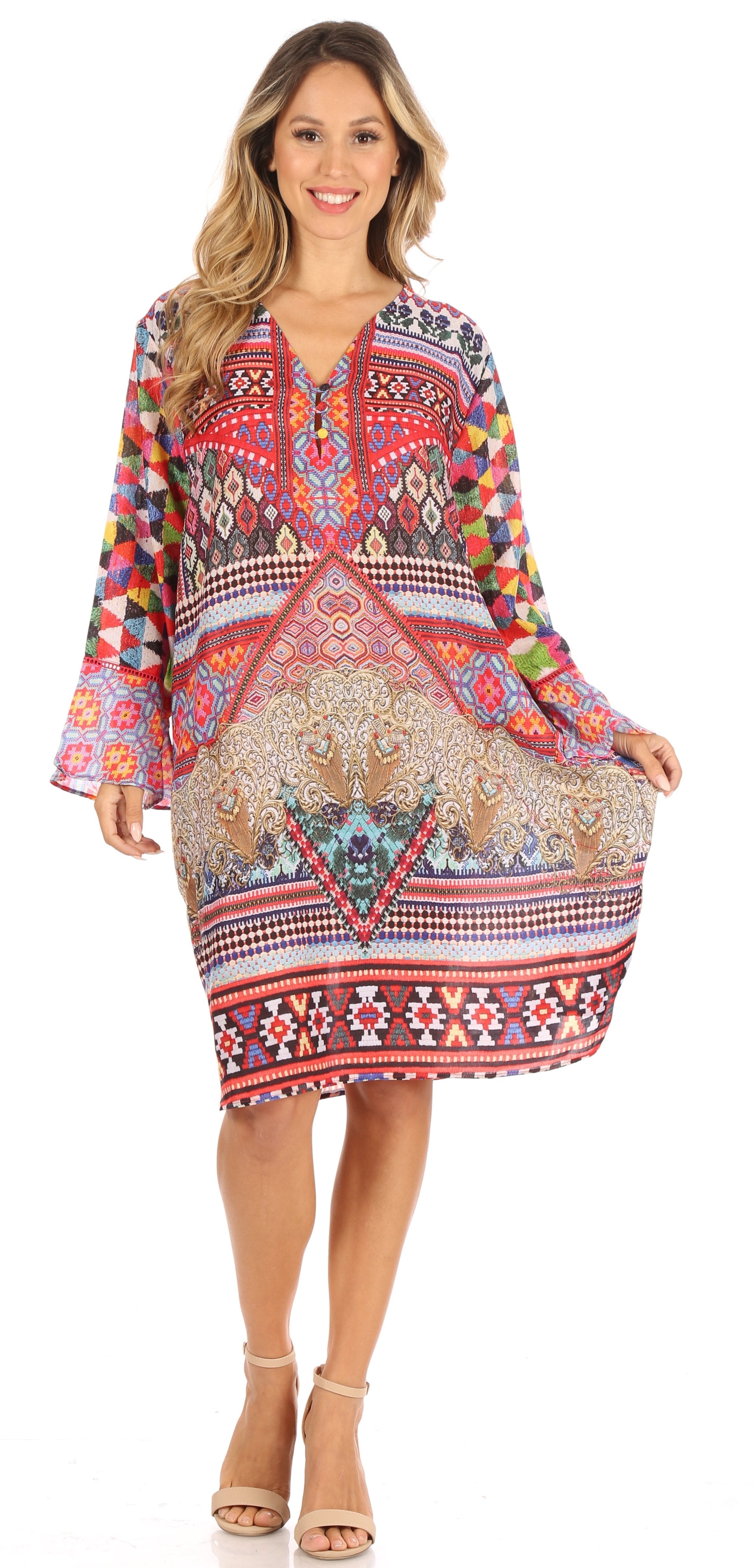 Sakkas - Ximena Floral Boho Cocktail Dress Tunic Cover-up V neck