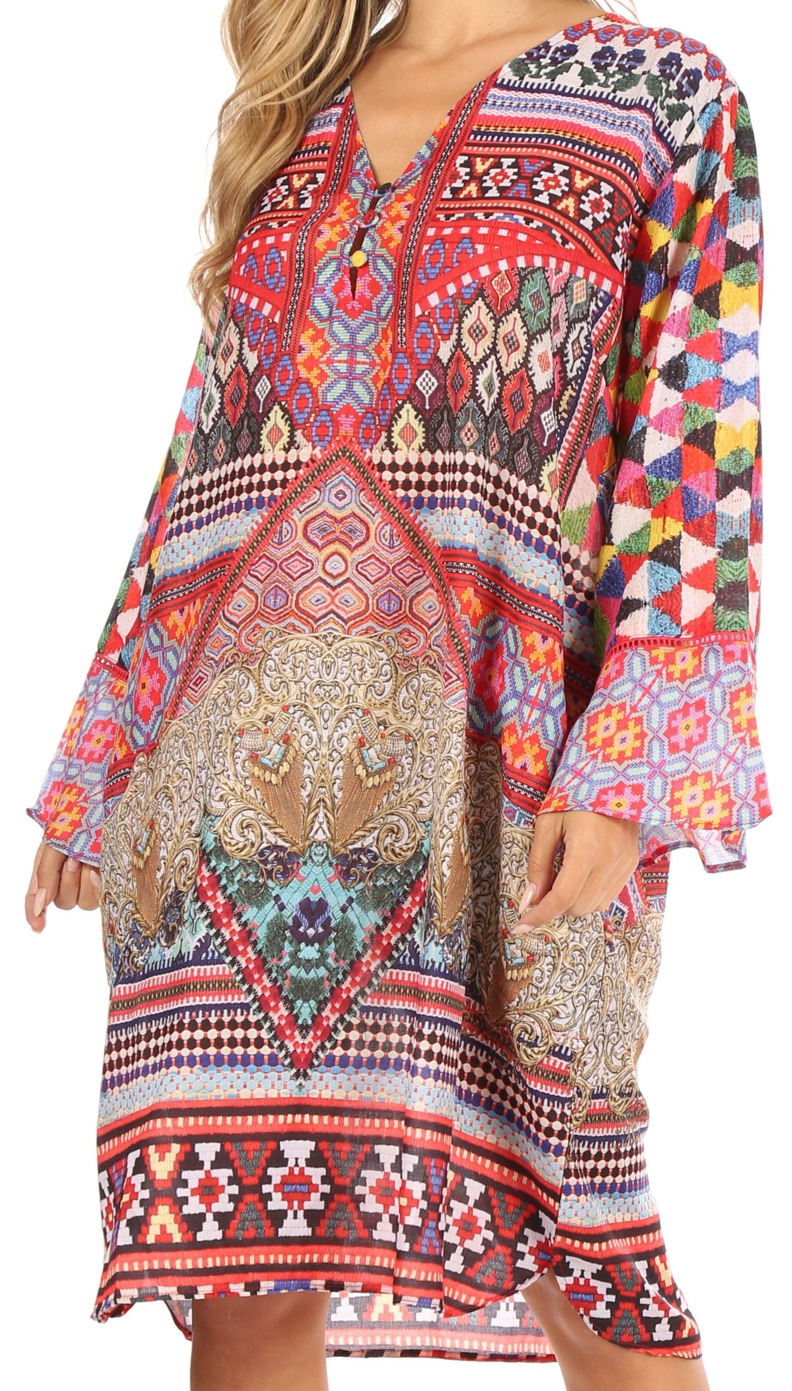 Sakkas - Ximena Floral Boho Cocktail Dress Tunic Cover-up V neck