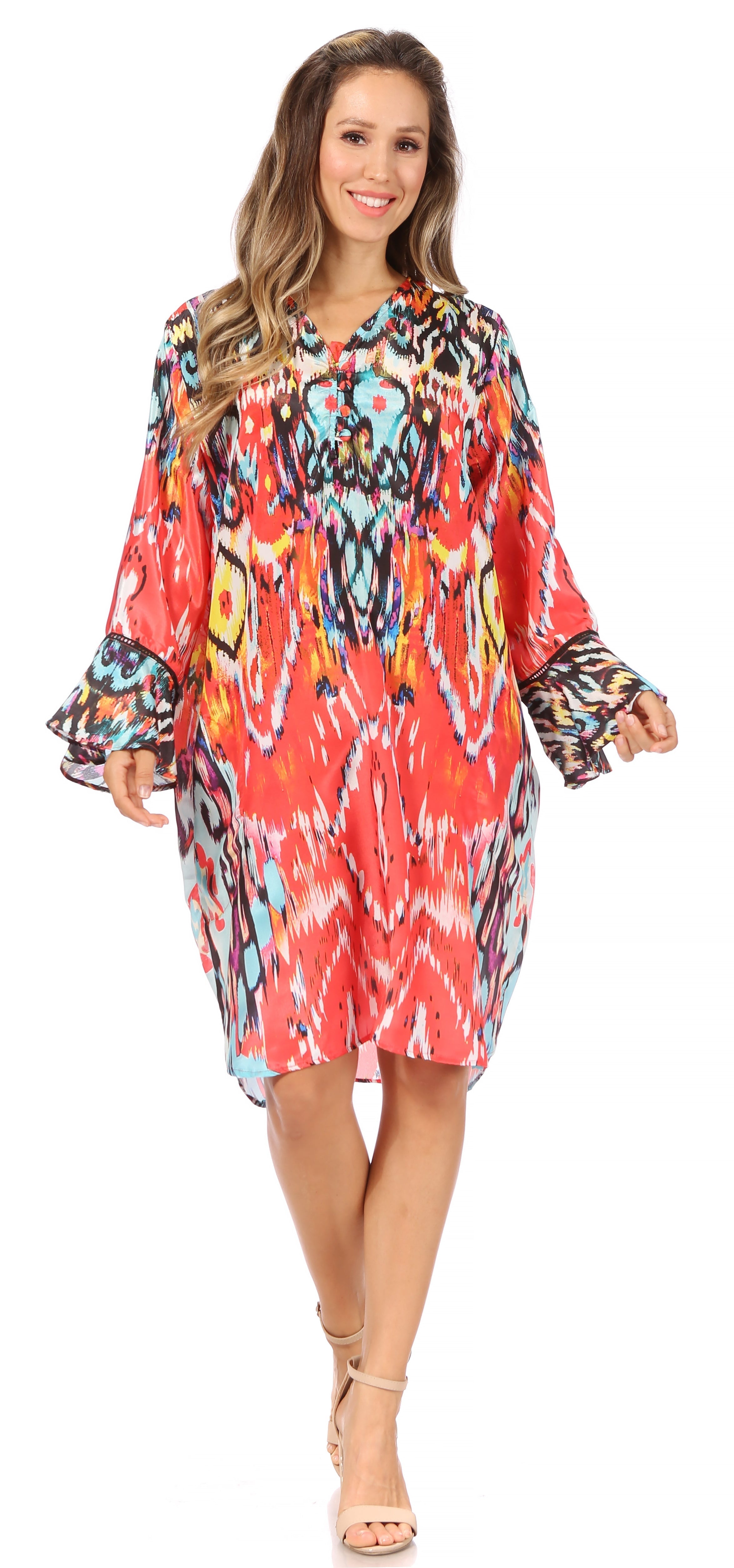 Sakkas - Ximena Floral Boho Cocktail Dress Tunic Cover-up V neck