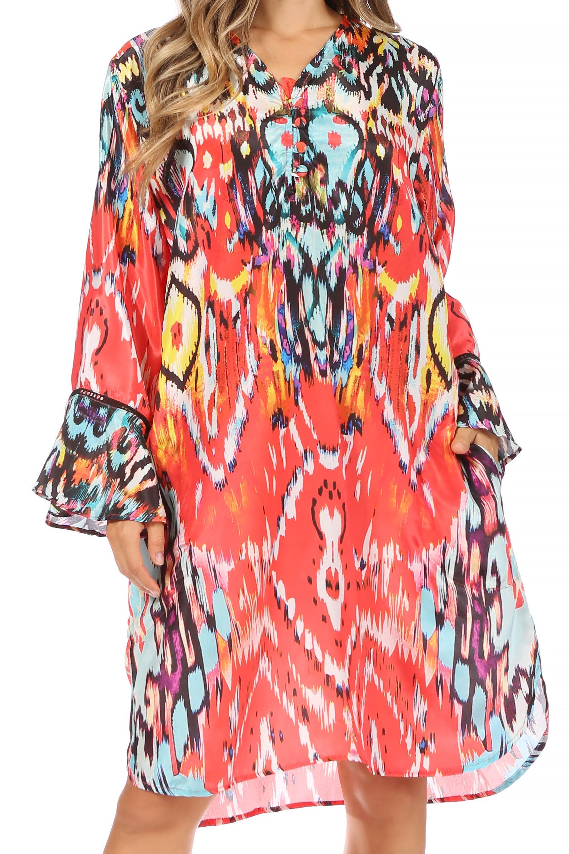 Sakkas - Ximena Floral Boho Cocktail Dress Tunic Cover-up V neck