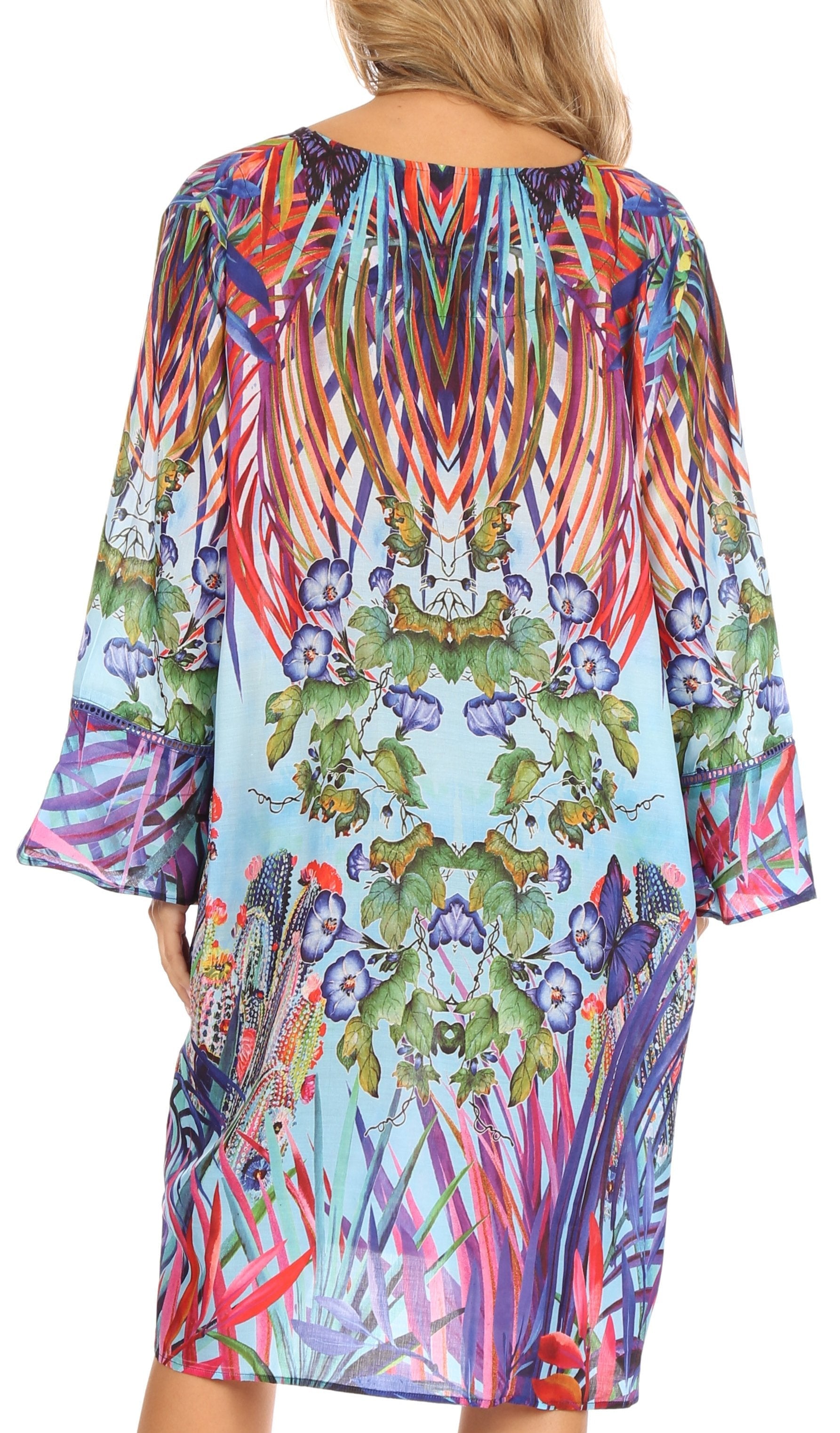 Colorful patterned dress with a white background