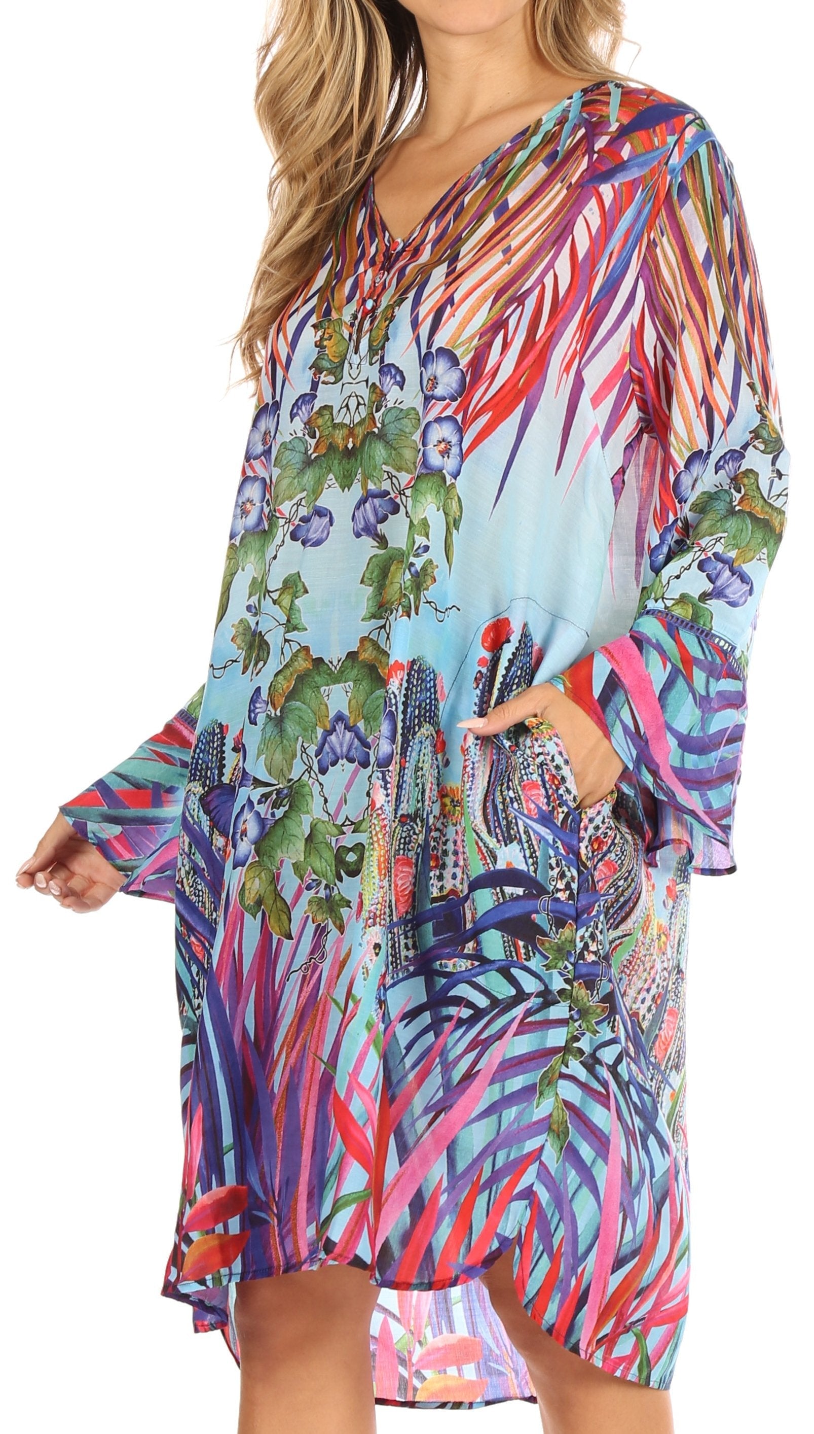 Sakkas - Ximena Floral Boho Cocktail Dress Tunic Cover-up V neck