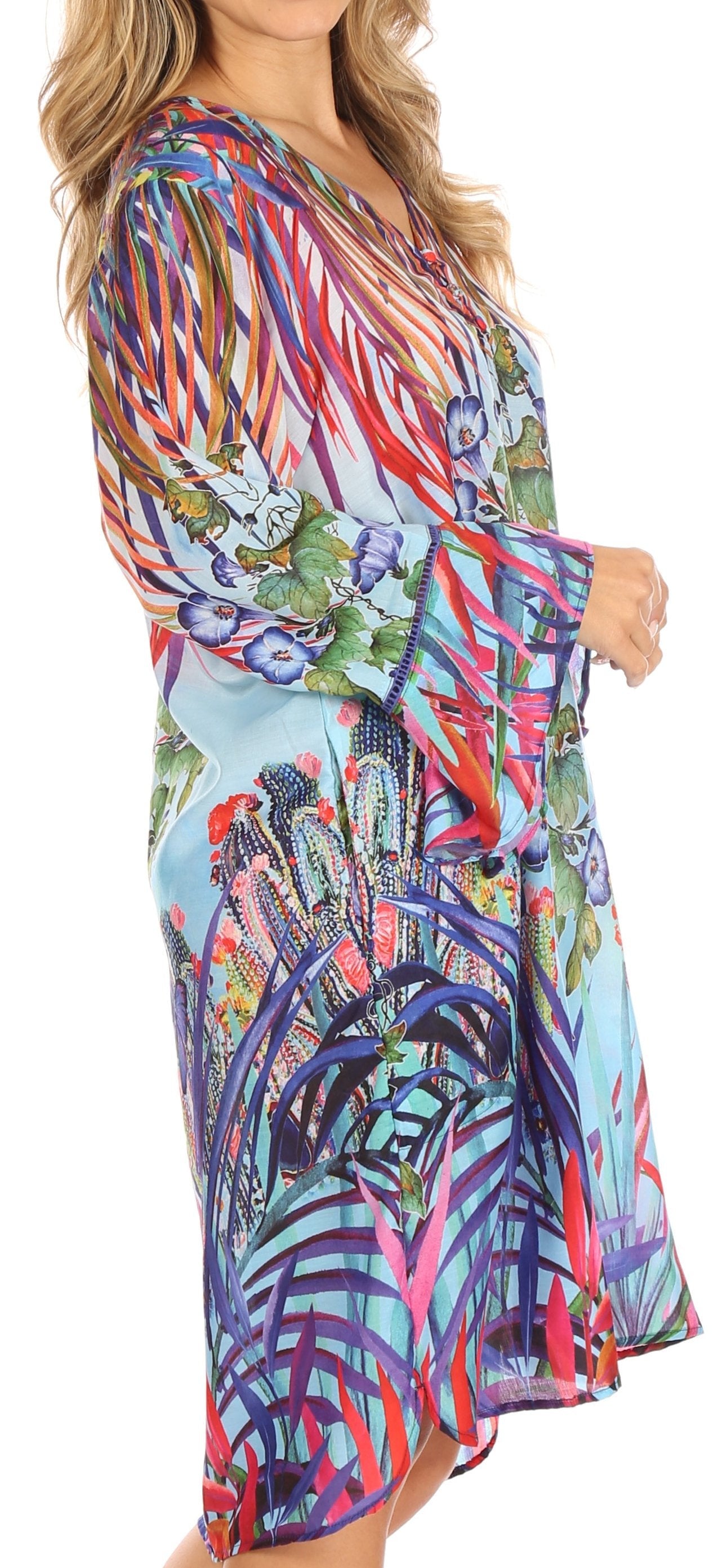 Sakkas - Ximena Floral Boho Cocktail Dress Tunic Cover-up V neck