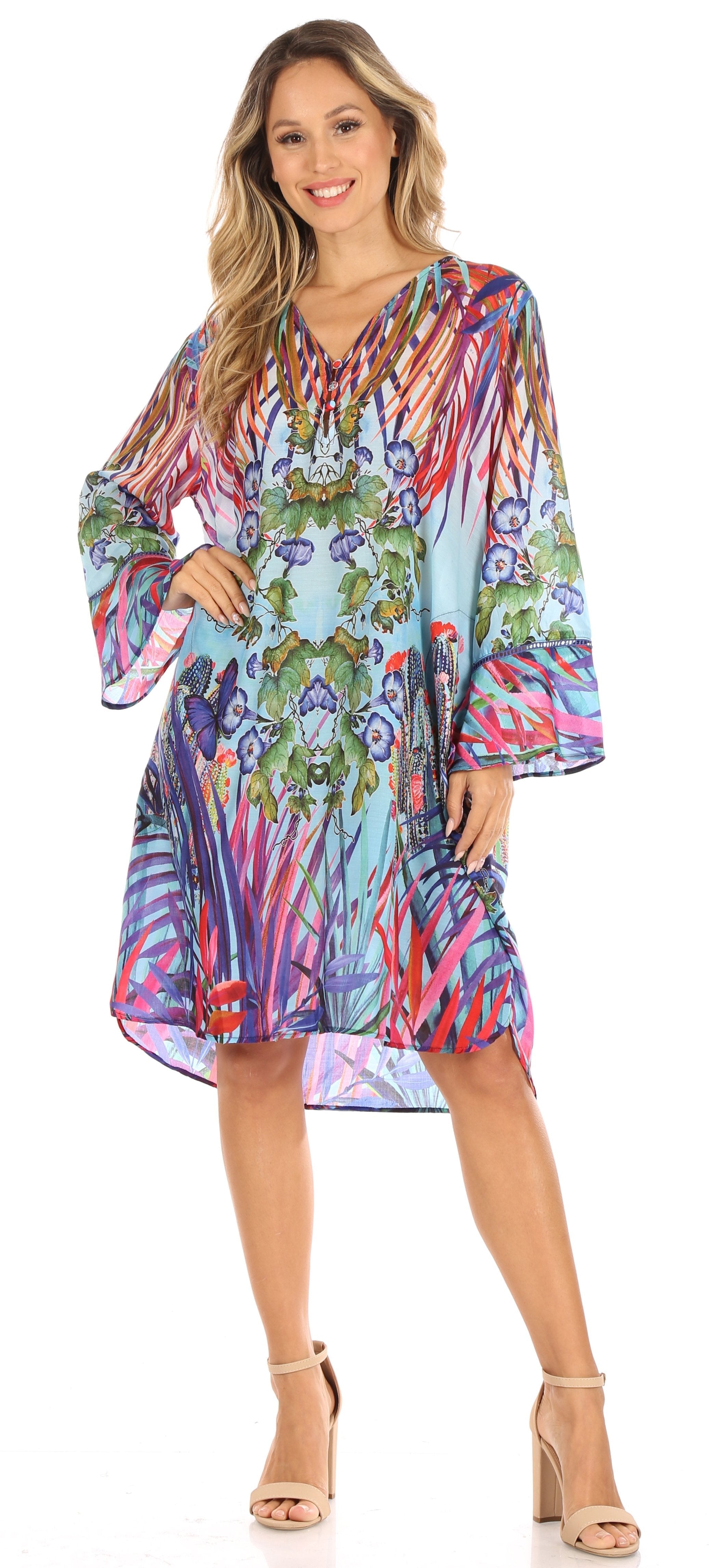 Sakkas - Ximena Floral Boho Cocktail Dress Tunic Cover-up V neck