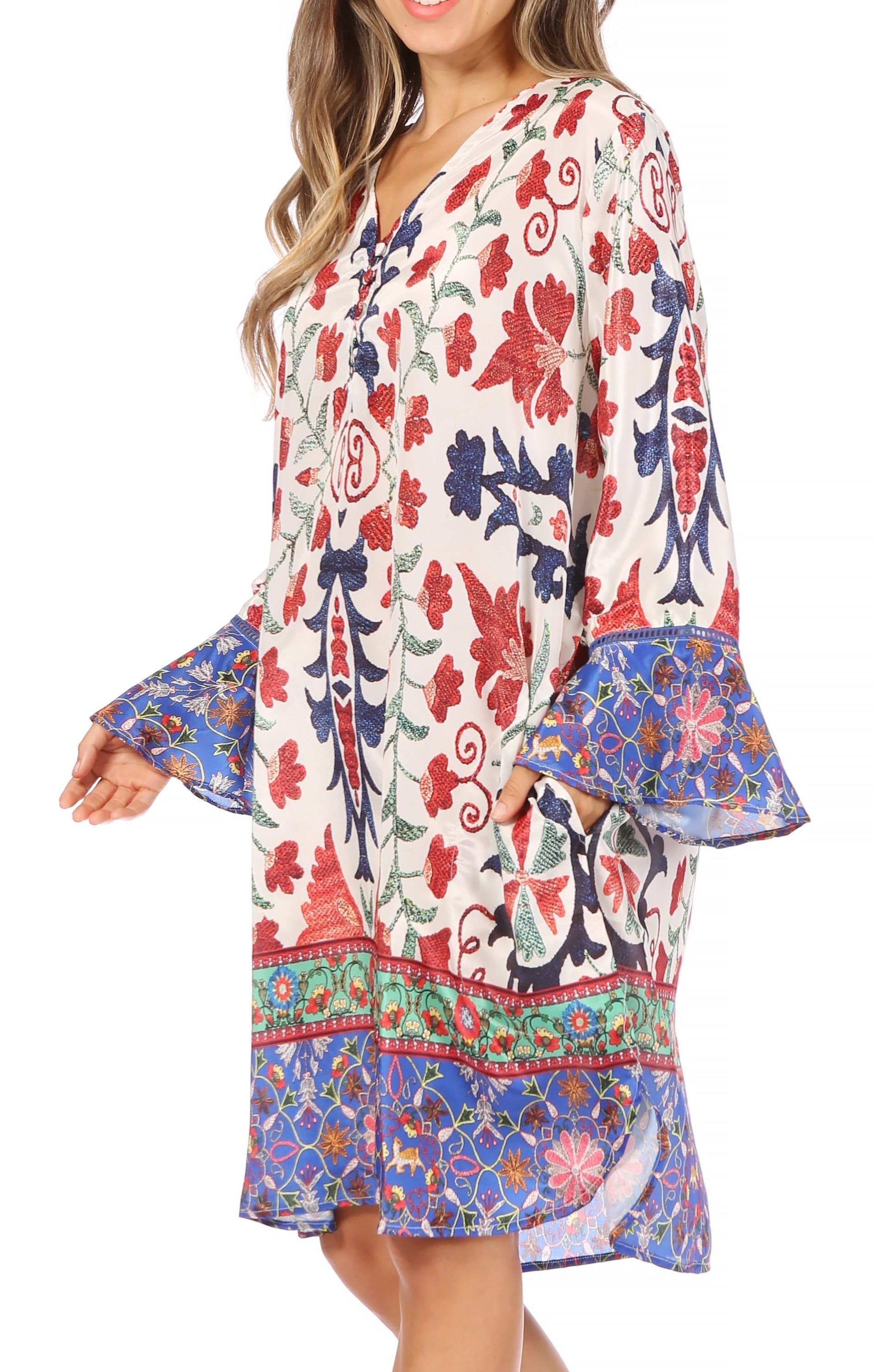 Sakkas - Ximena Floral Boho Cocktail Dress Tunic Cover-up V neck