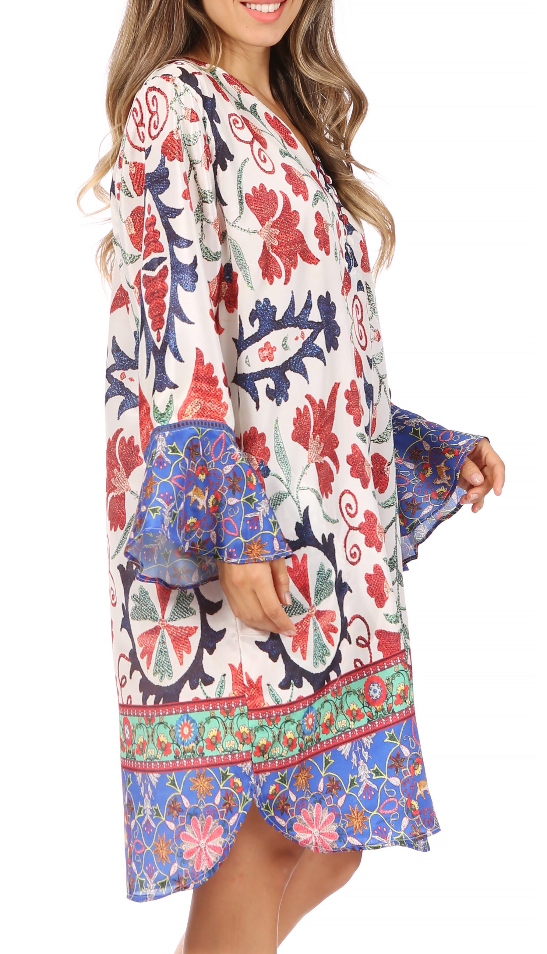 Sakkas - Ximena Floral Boho Cocktail Dress Tunic Cover-up V neck