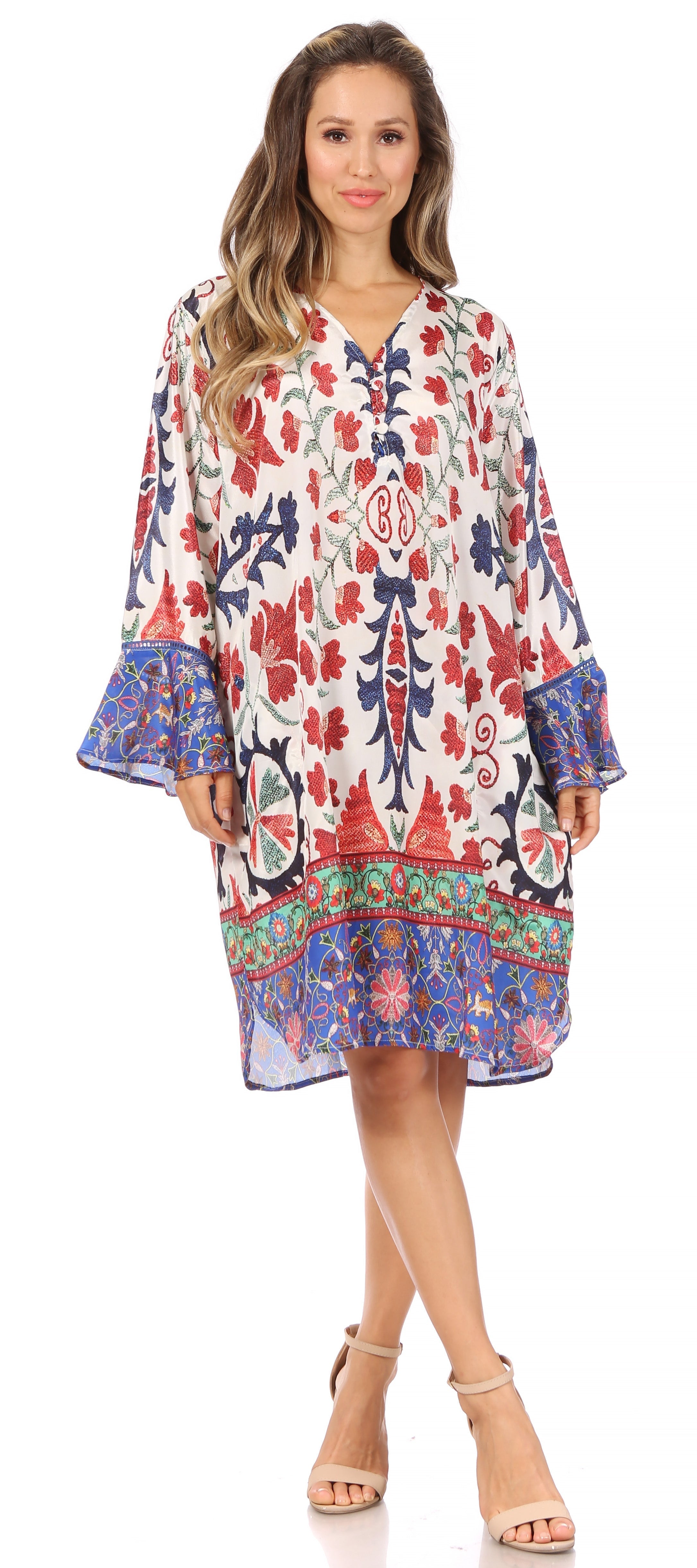 Sakkas - Ximena Floral Boho Cocktail Dress Tunic Cover-up V neck