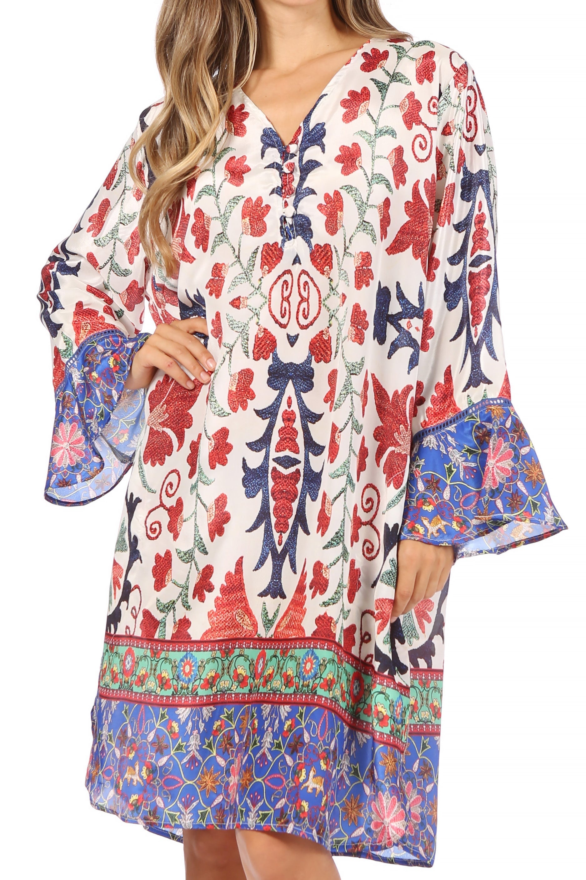 Sakkas - Ximena Floral Boho Cocktail Dress Tunic Cover-up V neck