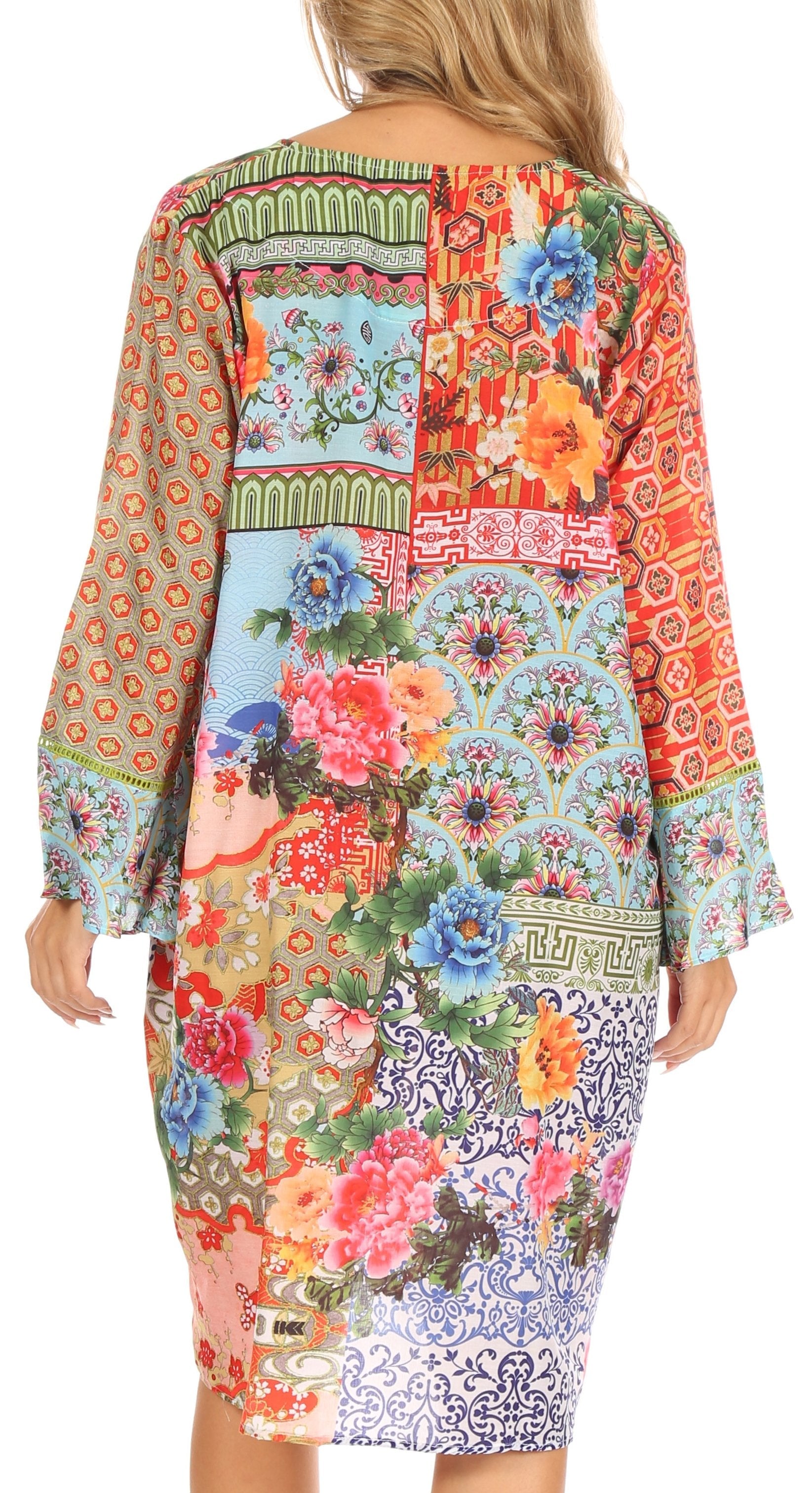 Sakkas - Ximena Floral Boho Cocktail Dress Tunic Cover-up V neck