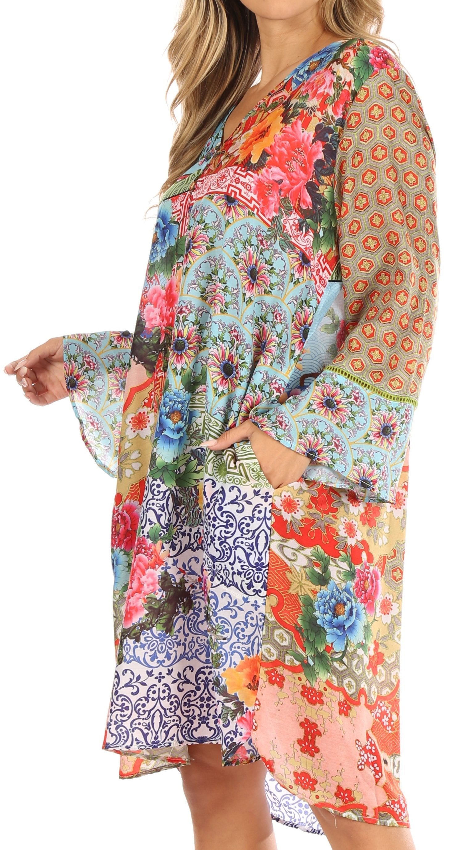Sakkas - Ximena Floral Boho Cocktail Dress Tunic Cover-up V neck