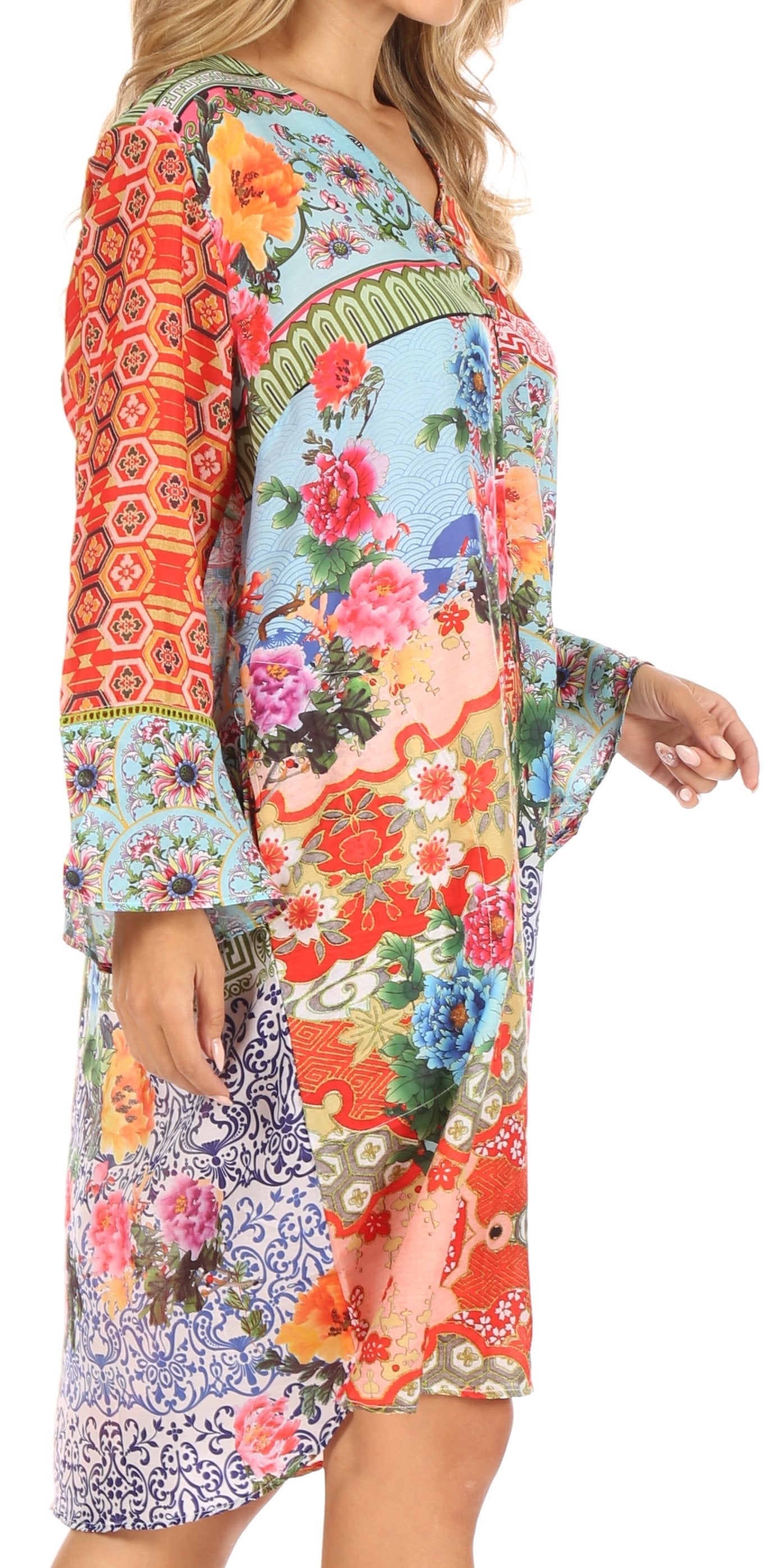 Sakkas - Ximena Floral Boho Cocktail Dress Tunic Cover-up V neck