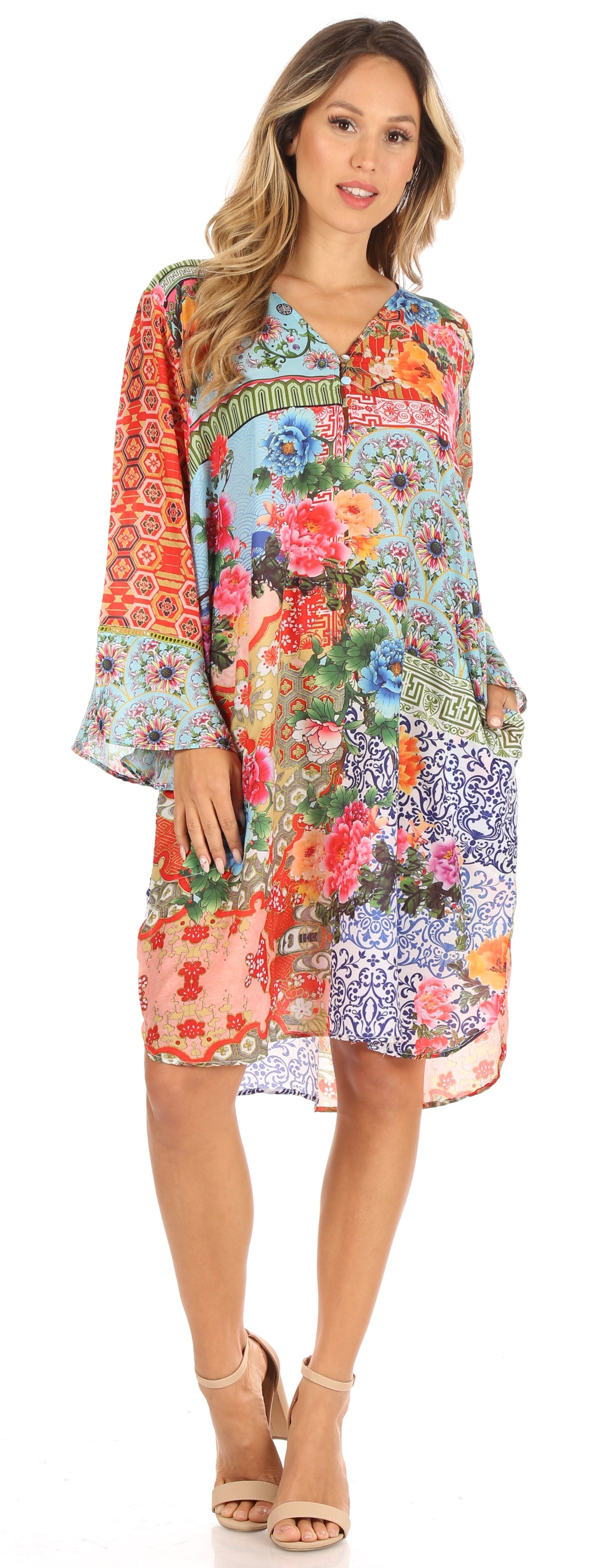Sakkas - Ximena Floral Boho Cocktail Dress Tunic Cover-up V neck
