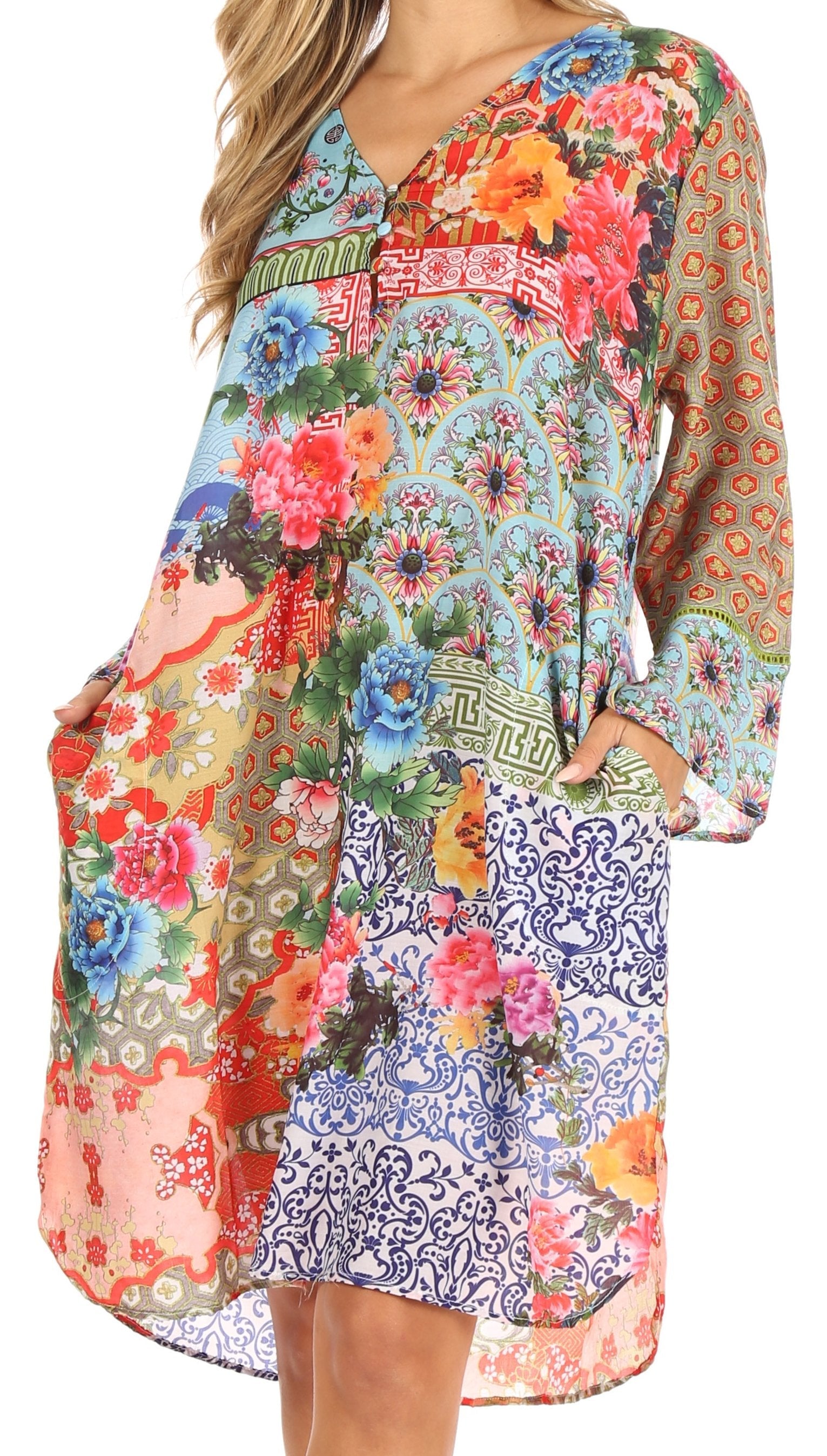 Sakkas - Ximena Floral Boho Cocktail Dress Tunic Cover-up V neck