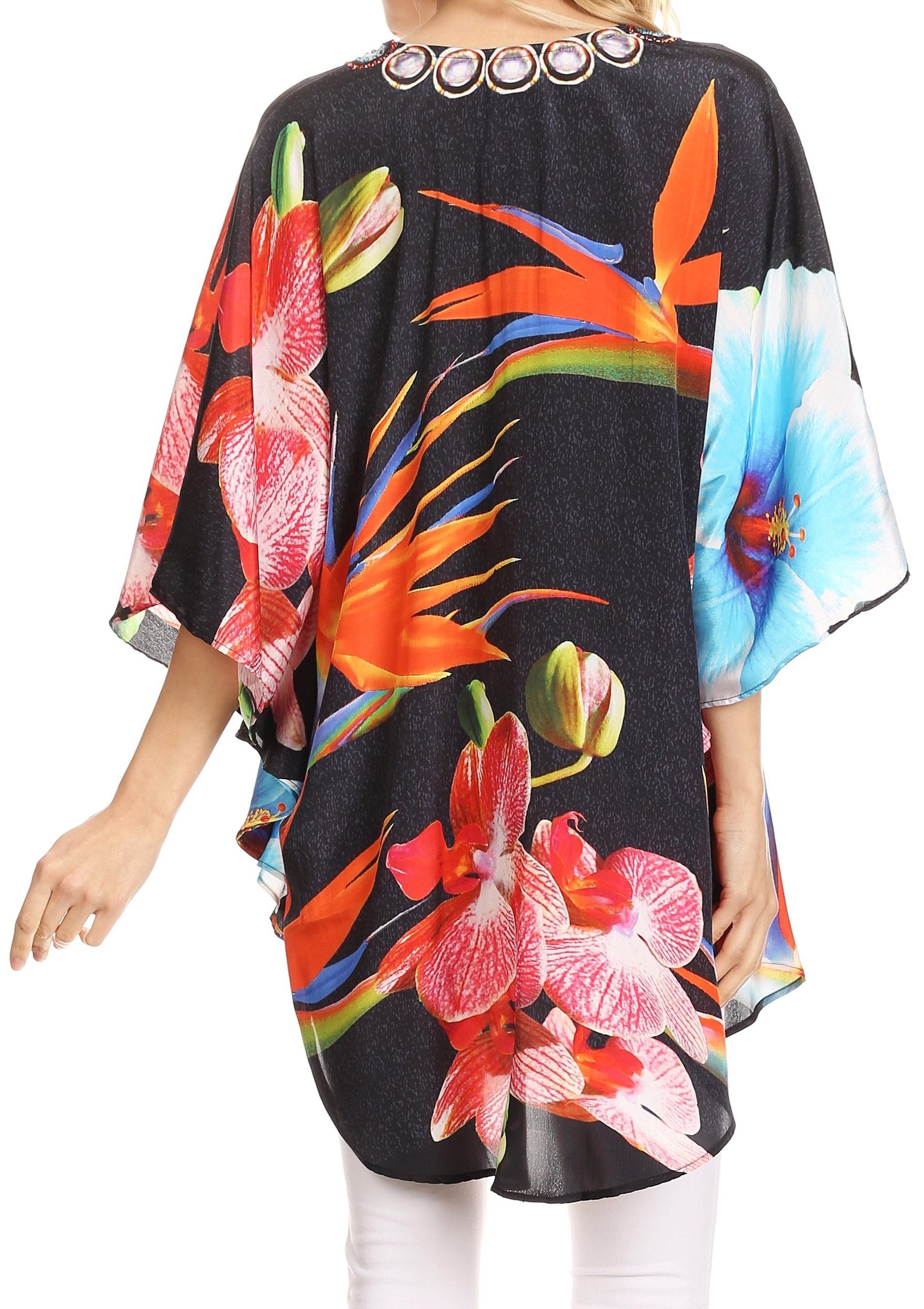 Sakkas - Tallulah Wide Circle Blouse V Neck Top With Tassle Ties And Rhinestones