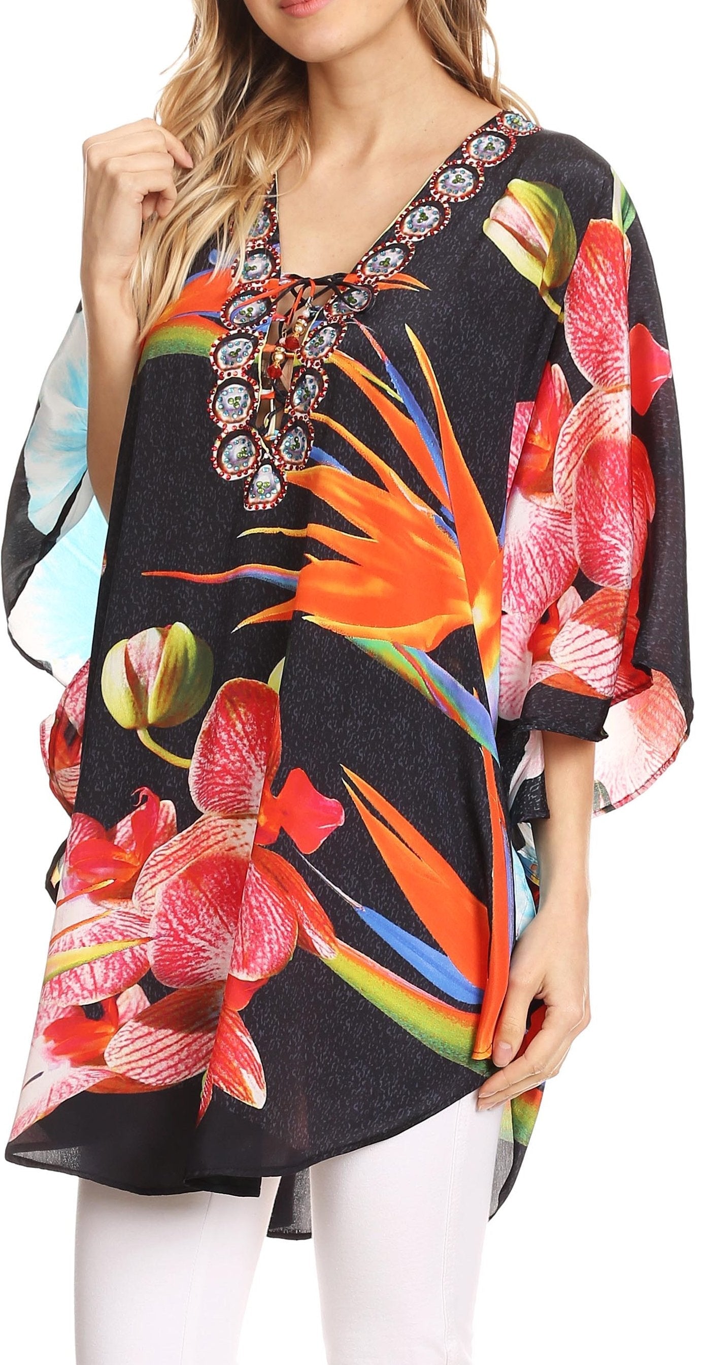 Sakkas - Tallulah Wide Circle Blouse V Neck Top With Tassle Ties And Rhinestones