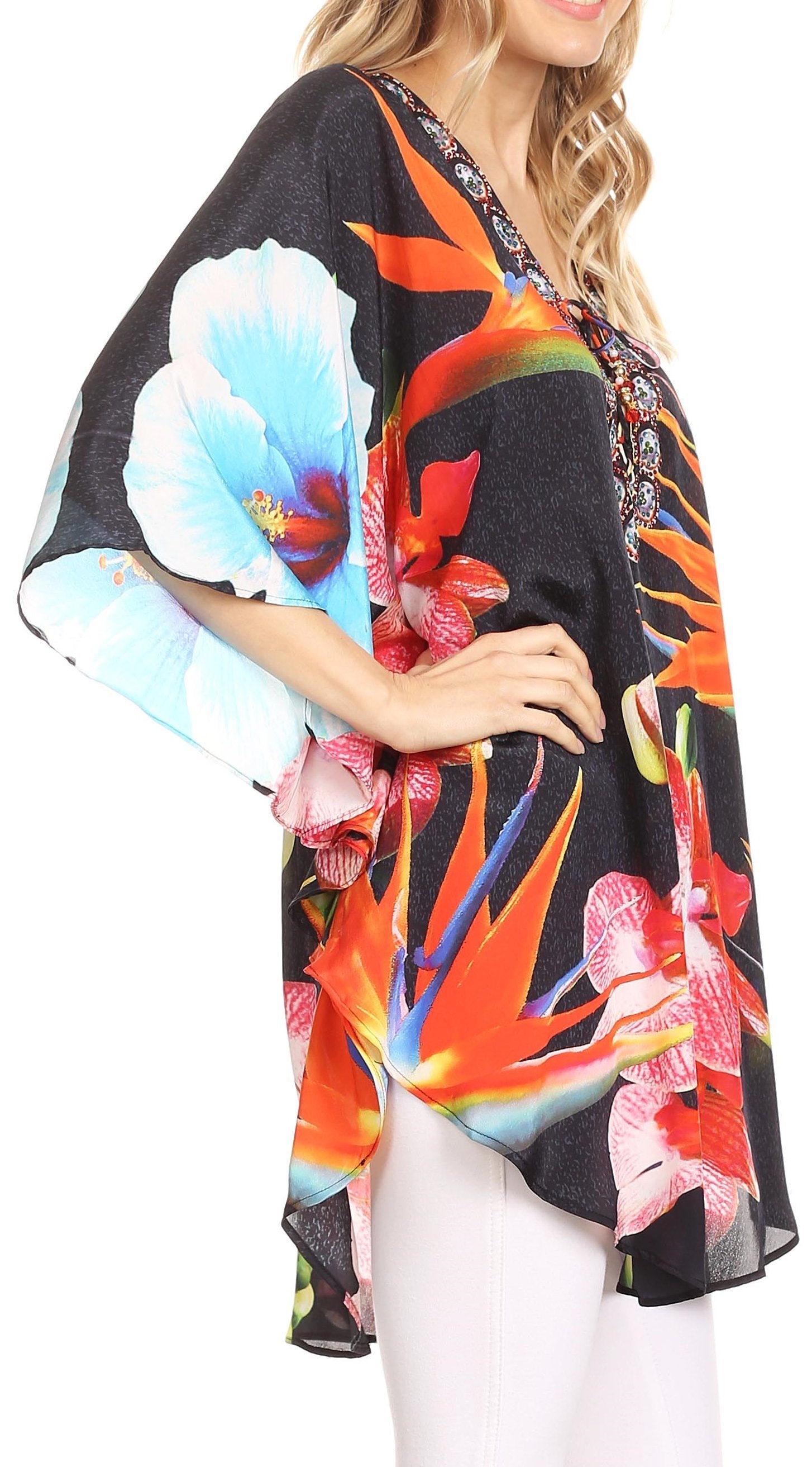 Sakkas - Tallulah Wide Circle Blouse V Neck Top With Tassle Ties And Rhinestones