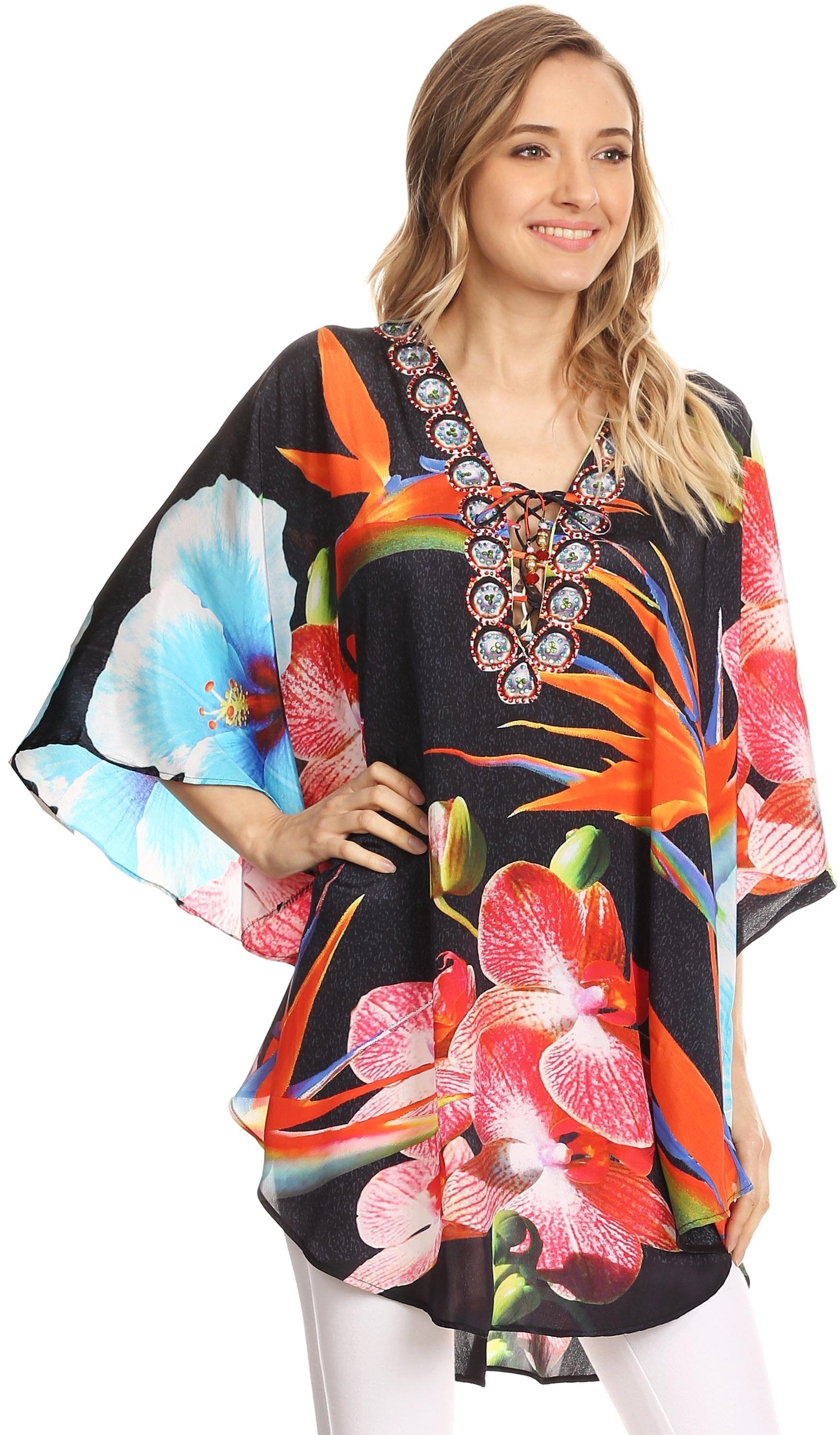 Sakkas - Tallulah Wide Circle Blouse V Neck Top With Tassle Ties And Rhinestones