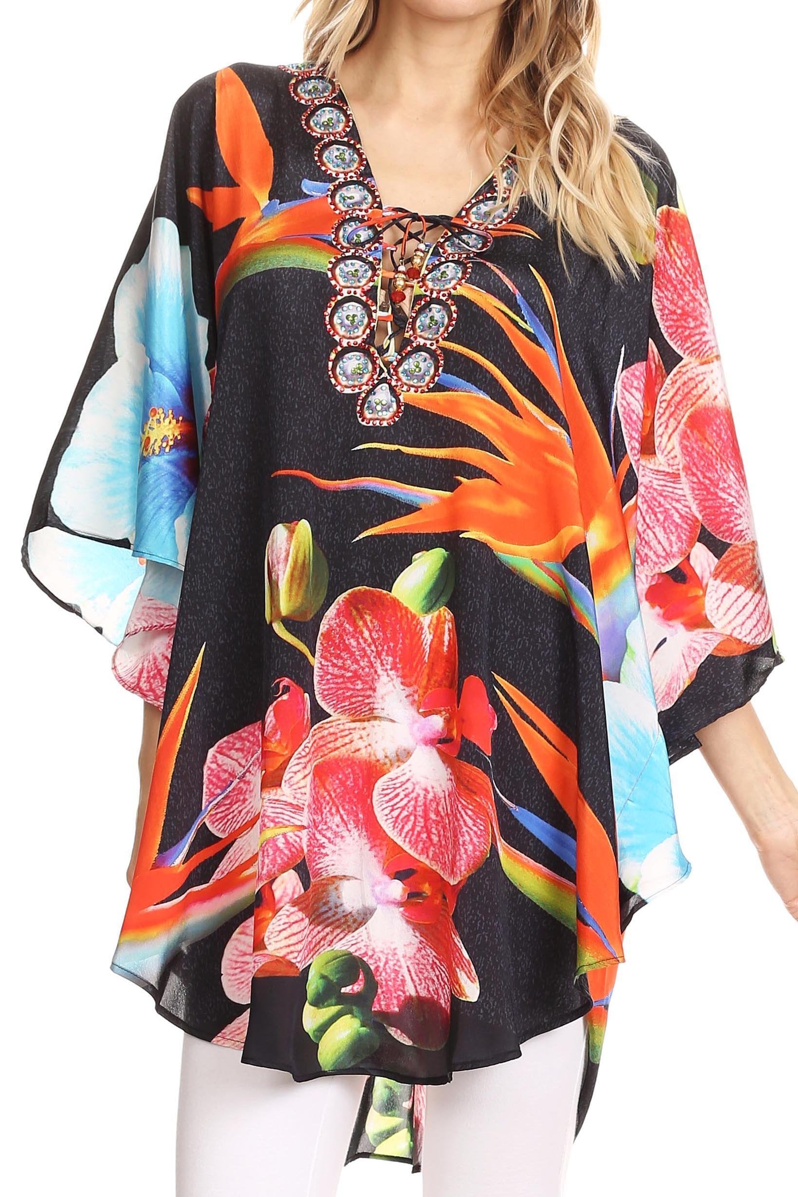 Sakkas - Tallulah Wide Circle Blouse V Neck Top With Tassle Ties And Rhinestones