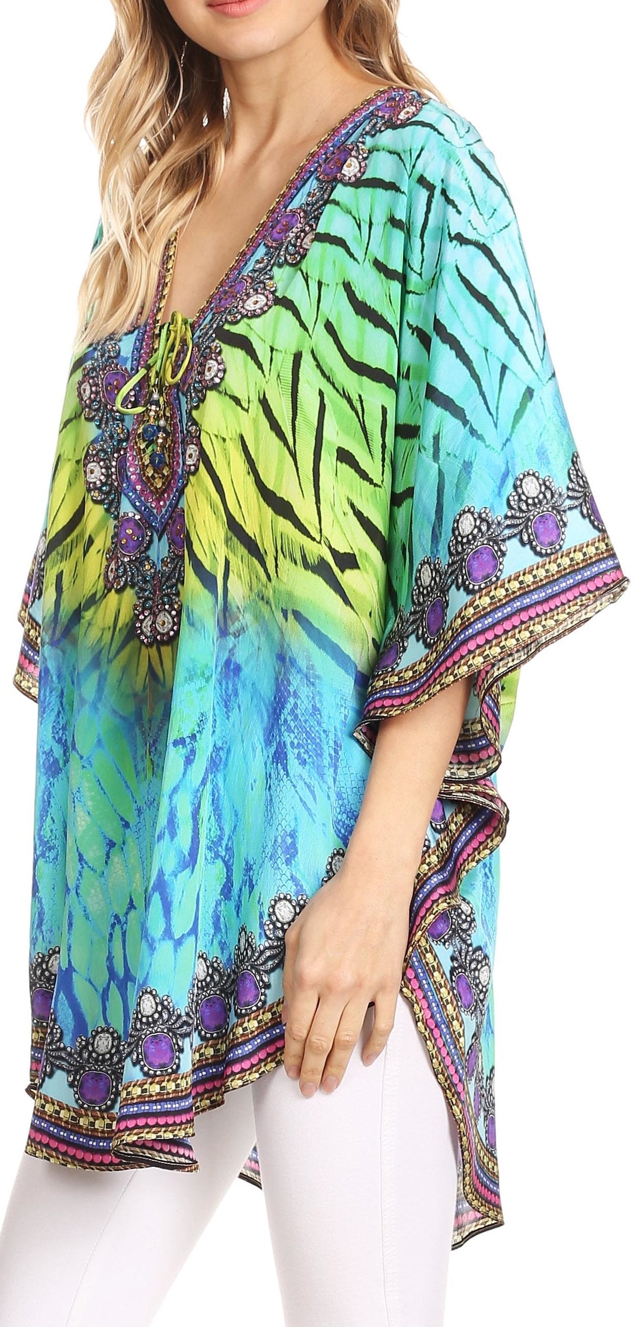 Sakkas - Tallulah Wide Circle Blouse V Neck Top With Tassle Ties And Rhinestones