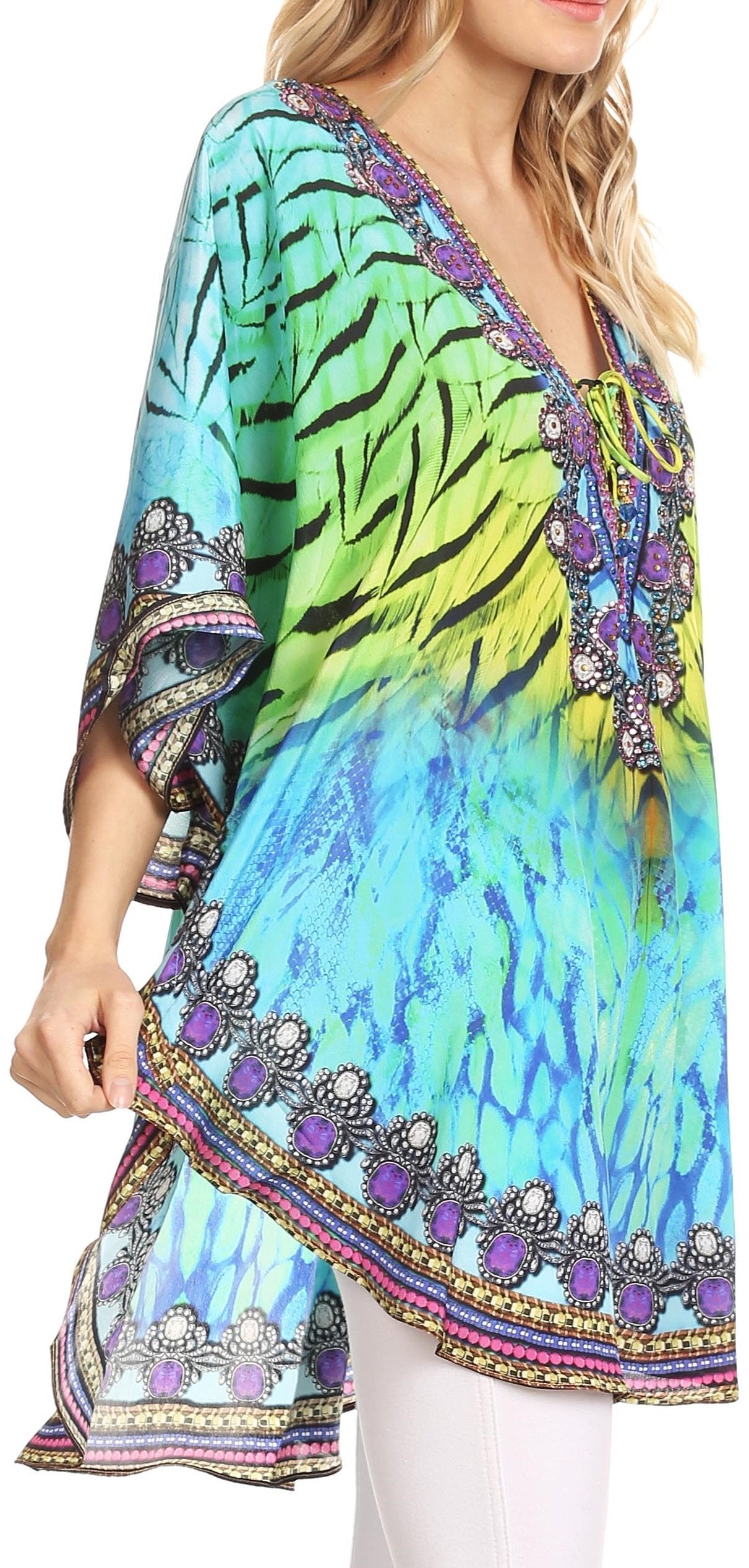 Sakkas - Tallulah Wide Circle Blouse V Neck Top With Tassle Ties And Rhinestones