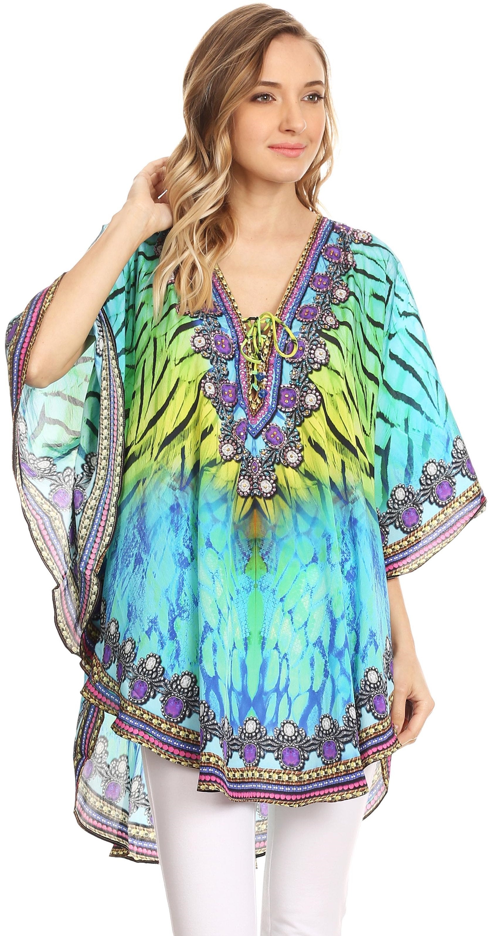 Sakkas - Tallulah Wide Circle Blouse V Neck Top With Tassle Ties And Rhinestones