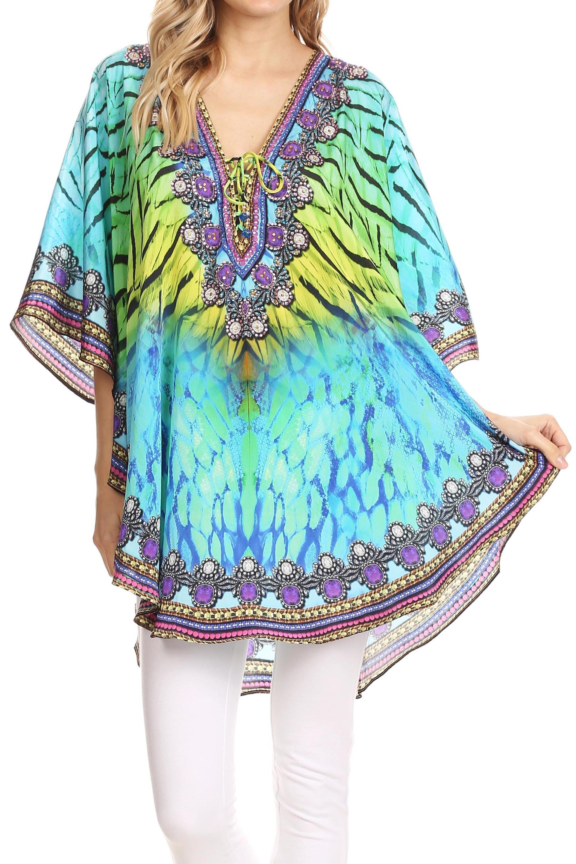 Sakkas - Tallulah Wide Circle Blouse V Neck Top With Tassle Ties And Rhinestones