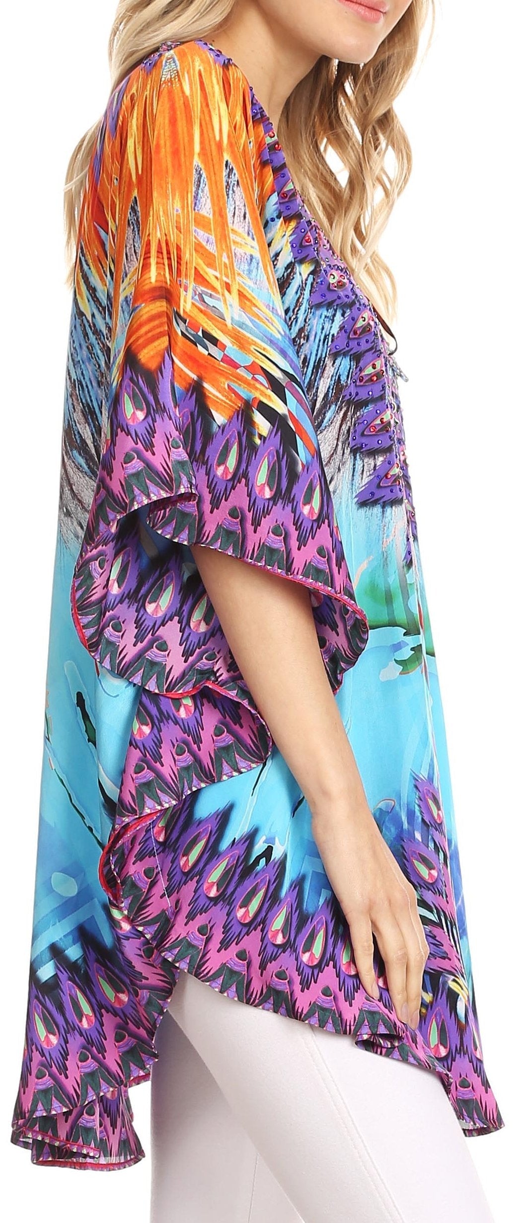 Sakkas - Tallulah Wide Circle Blouse V Neck Top With Tassle Ties And Rhinestones