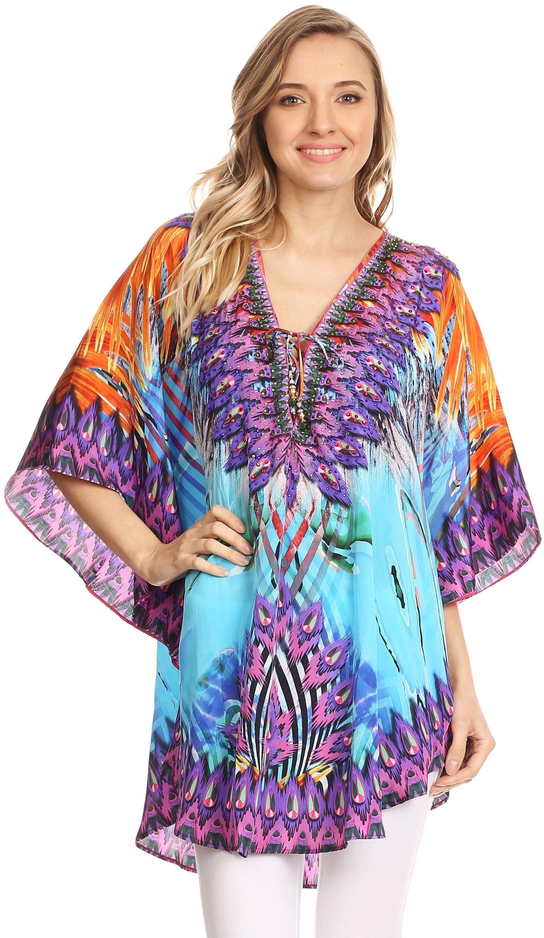 Sakkas - Tallulah Wide Circle Blouse V Neck Top With Tassle Ties And Rhinestones