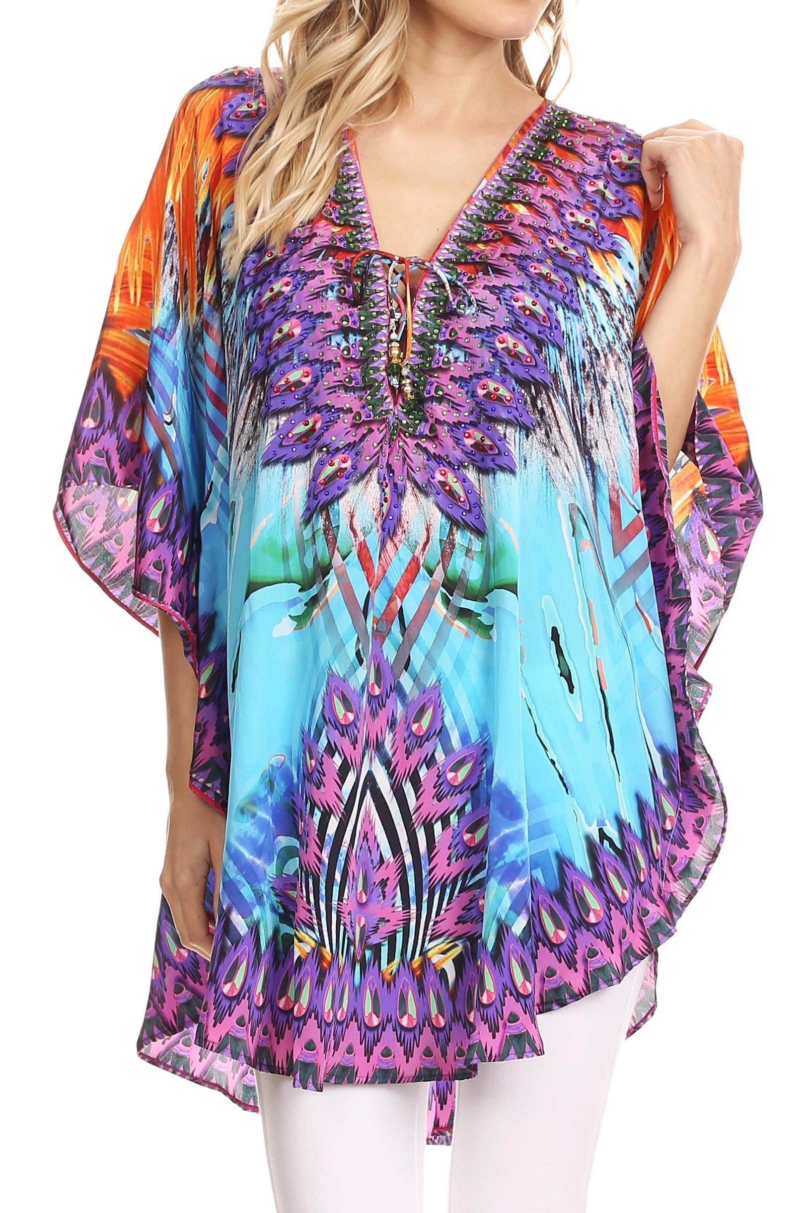 Sakkas - Tallulah Wide Circle Blouse V Neck Top With Tassle Ties And Rhinestones