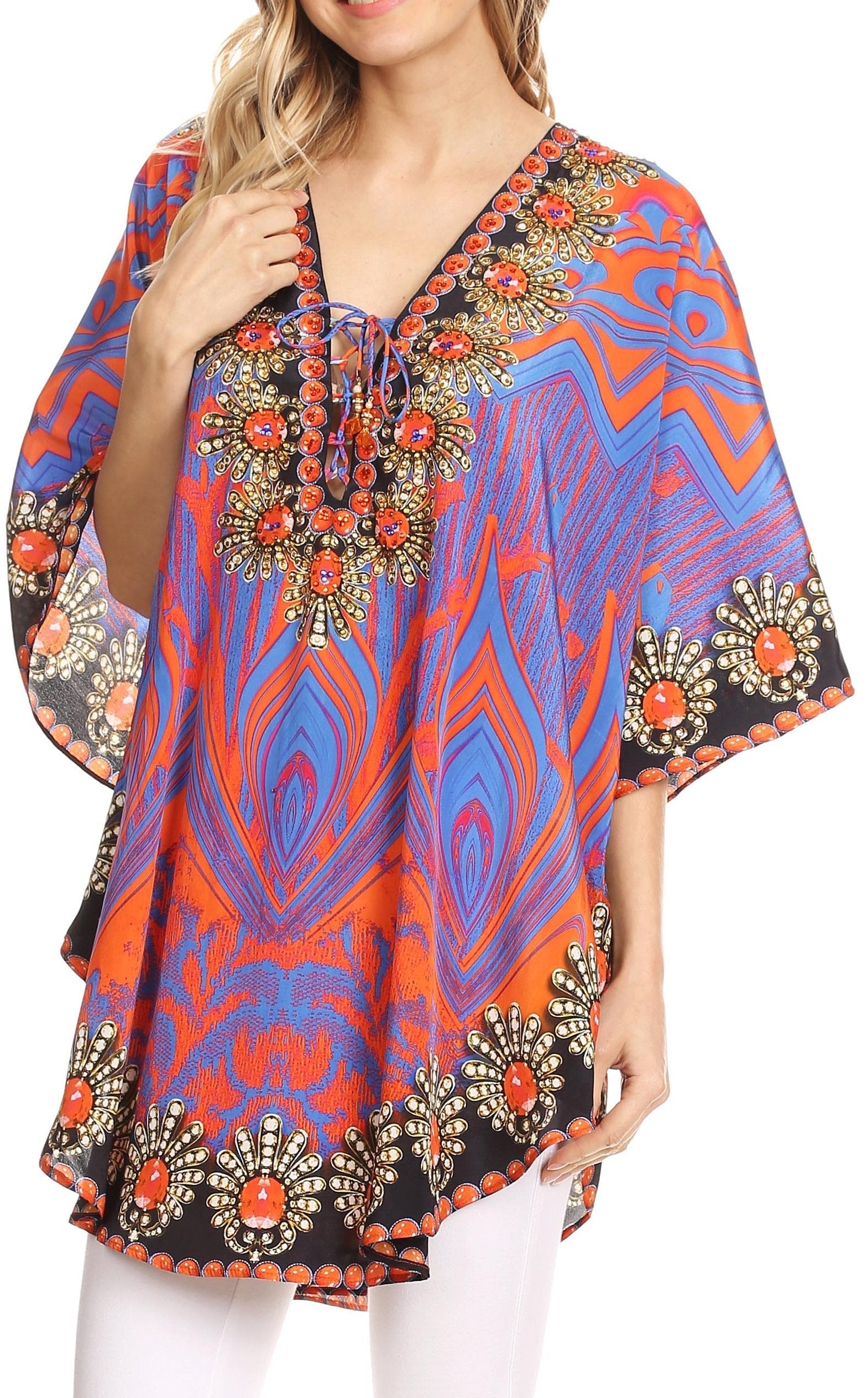 Sakkas - Tallulah Wide Circle Blouse V Neck Top With Tassle Ties And Rhinestones