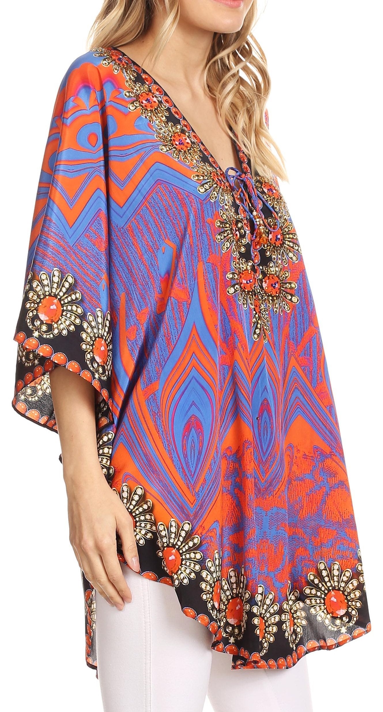 Sakkas - Tallulah Wide Circle Blouse V Neck Top With Tassle Ties And Rhinestones
