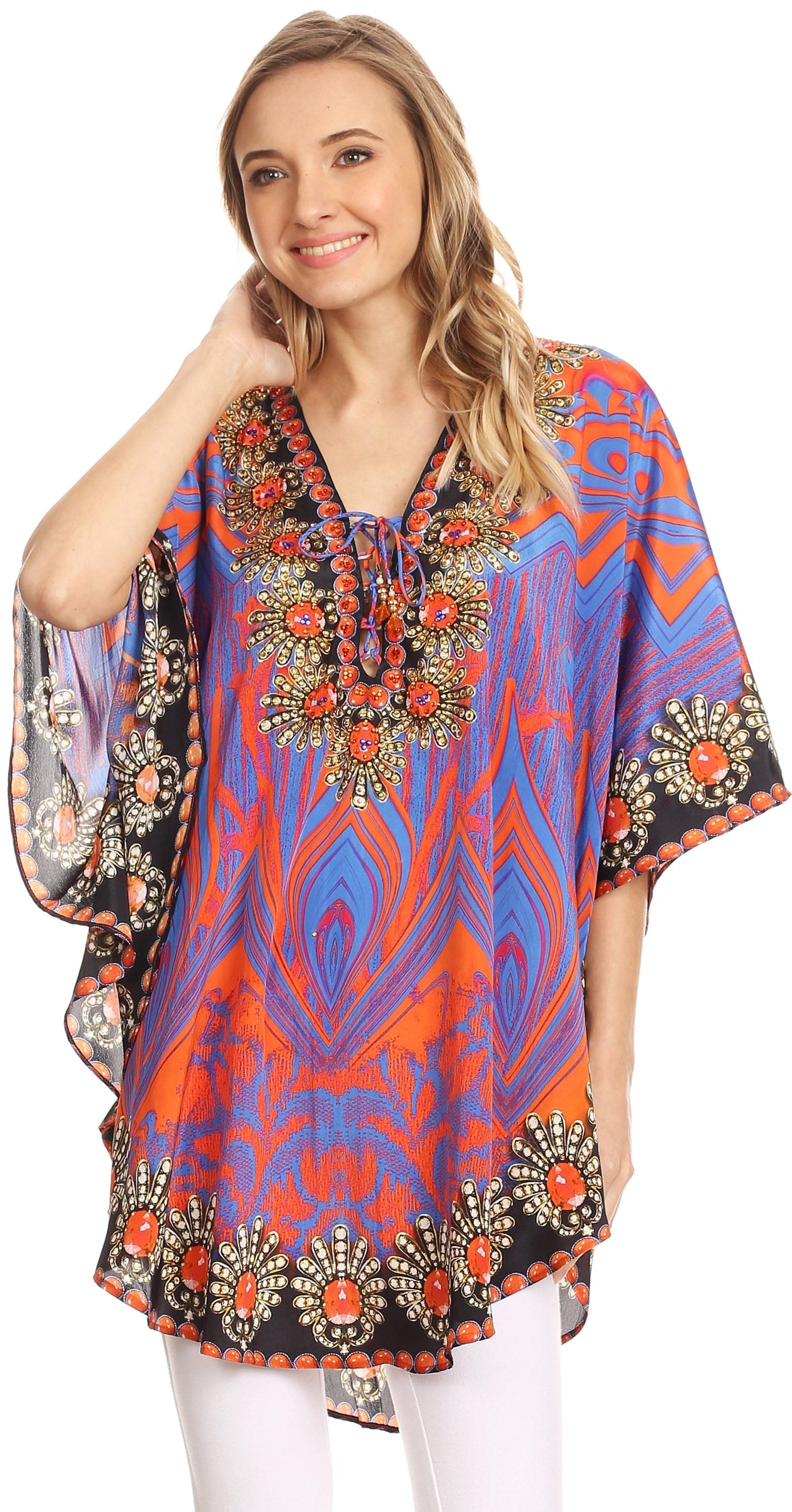 Sakkas - Tallulah Wide Circle Blouse V Neck Top With Tassle Ties And Rhinestones