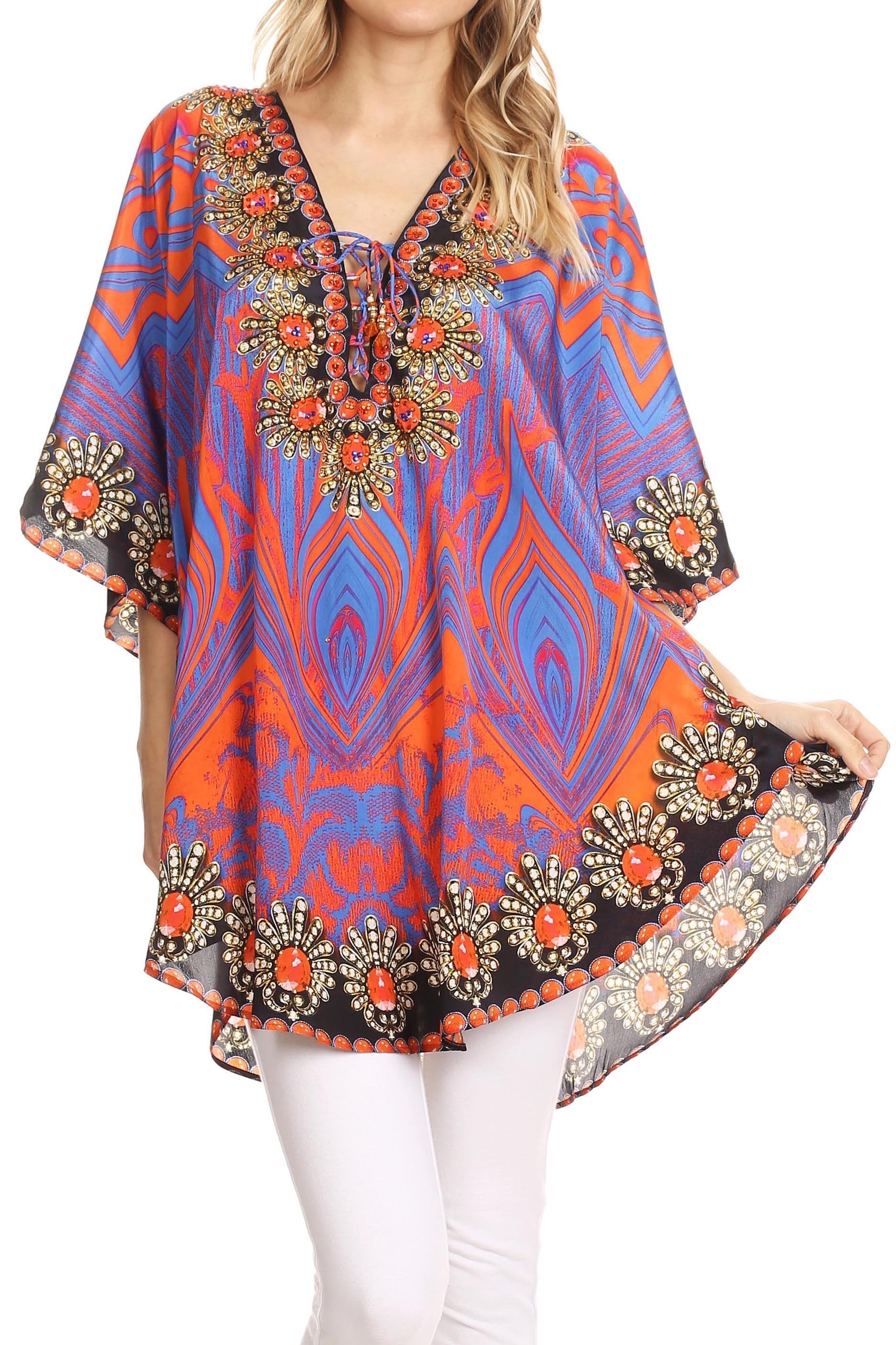 Sakkas - Tallulah Wide Circle Blouse V Neck Top With Tassle Ties And Rhinestones