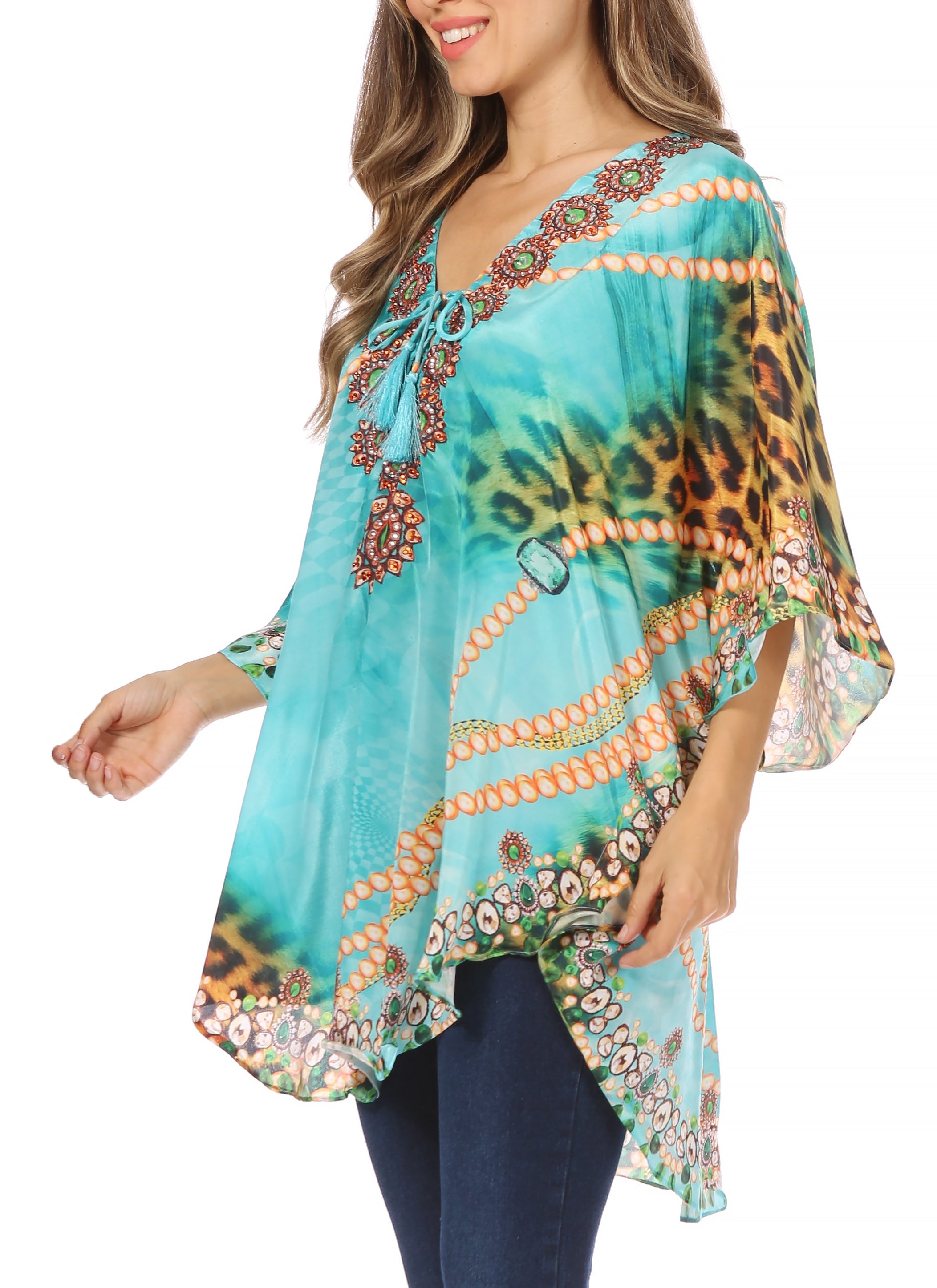 Sakkas - Tallulah Wide Circle Blouse V Neck Top With Tassle Ties And Rhinestones