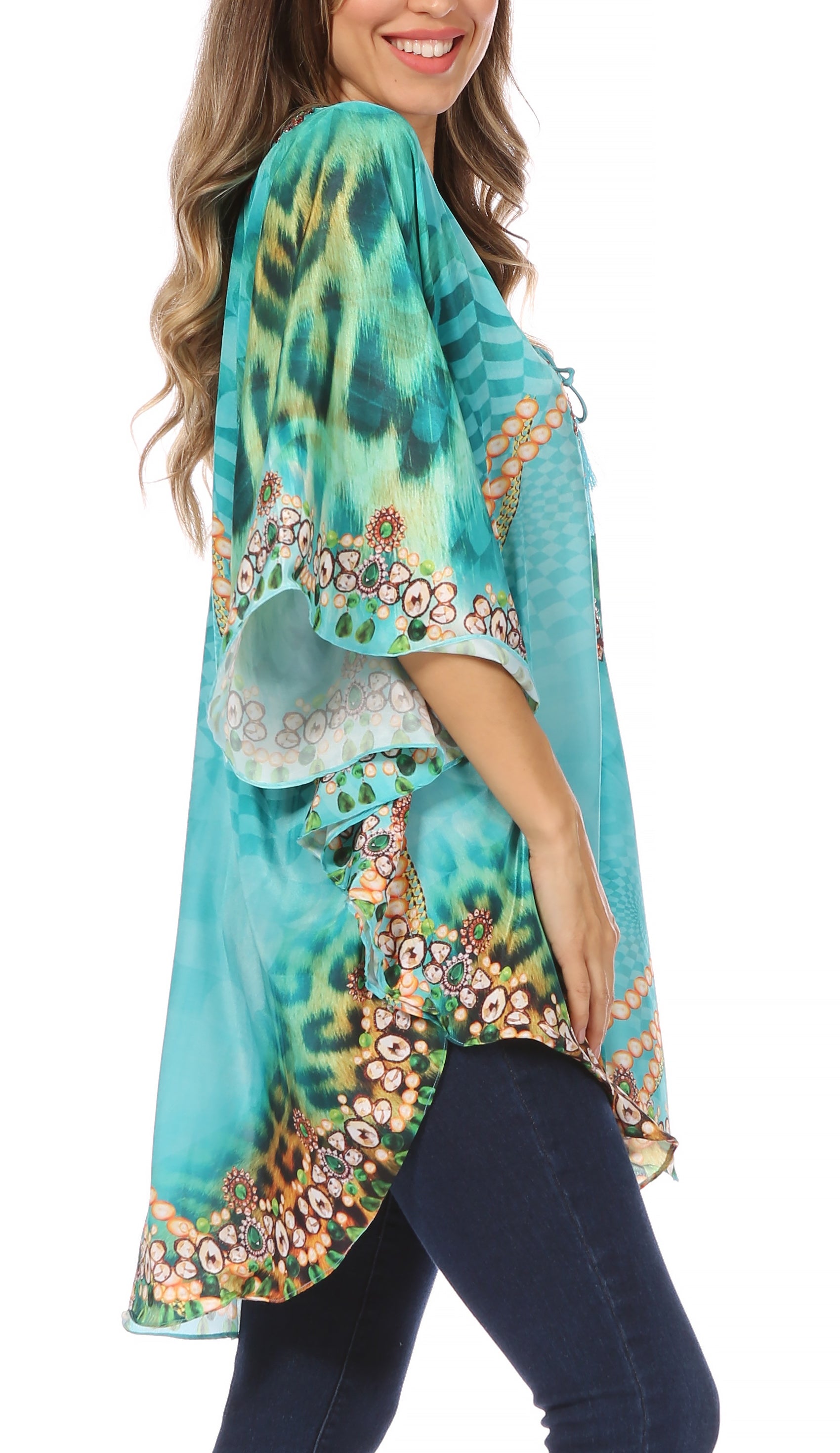 Sakkas - Tallulah Wide Circle Blouse V Neck Top With Tassle Ties And Rhinestones