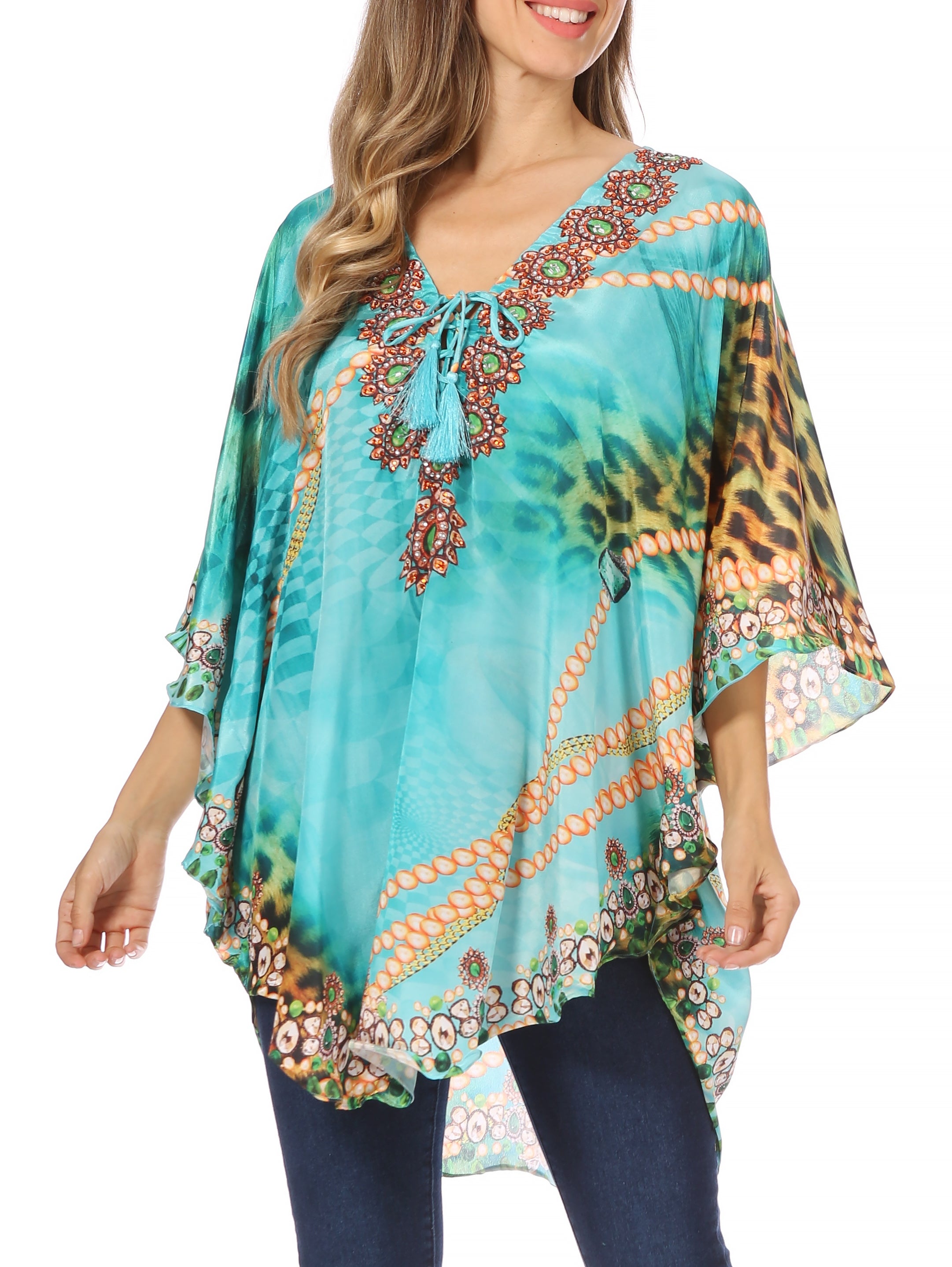Sakkas - Tallulah Wide Circle Blouse V Neck Top With Tassle Ties And Rhinestones