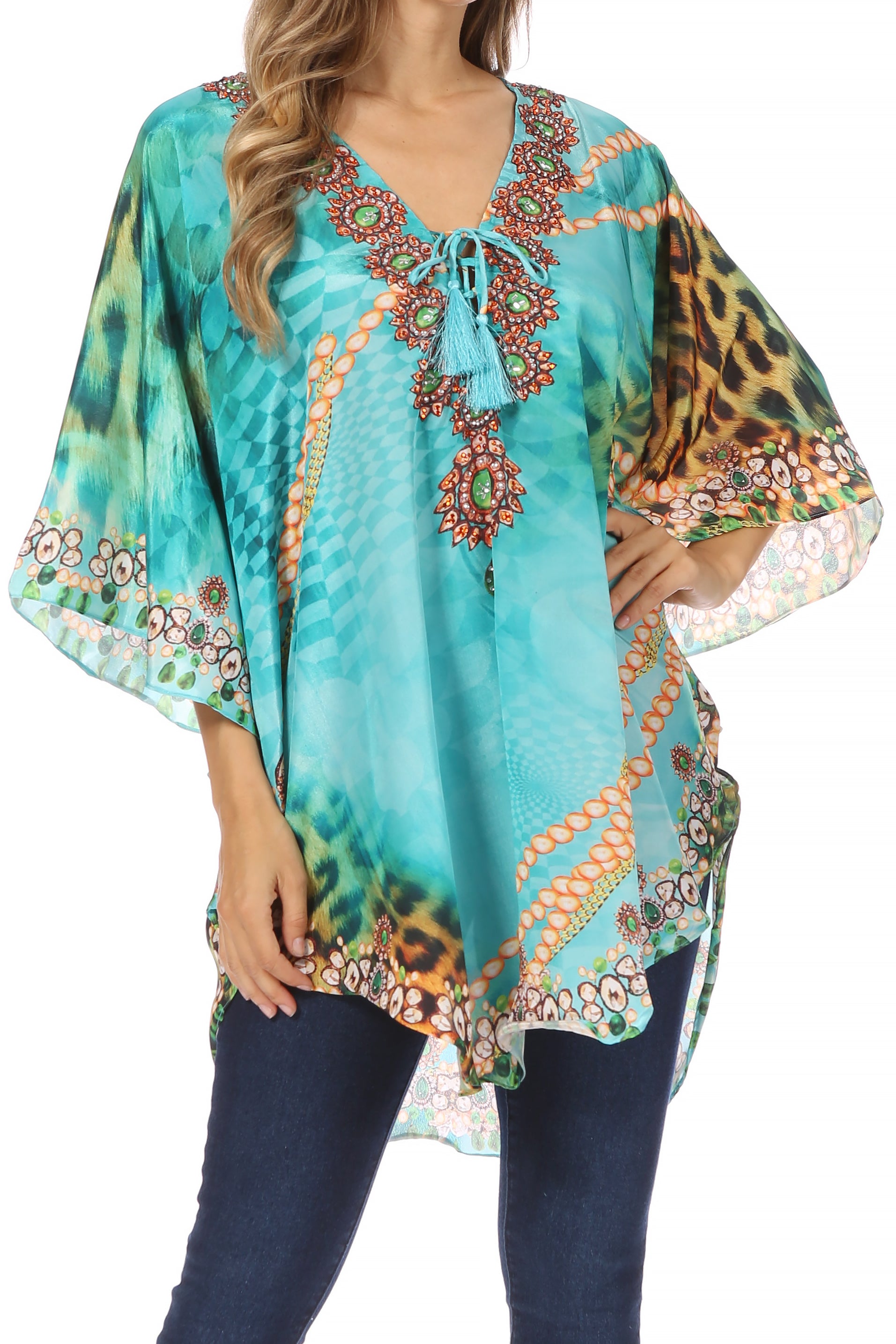 Sakkas - Tallulah Wide Circle Blouse V Neck Top With Tassle Ties And Rhinestones