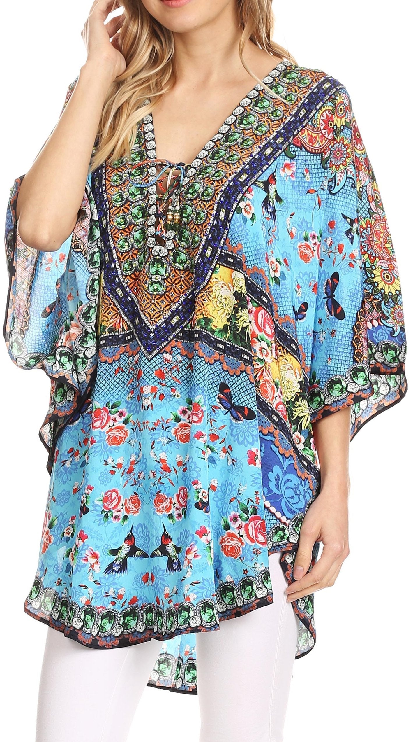 Sakkas - Tallulah Wide Circle Blouse V Neck Top With Tassle Ties And Rhinestones
