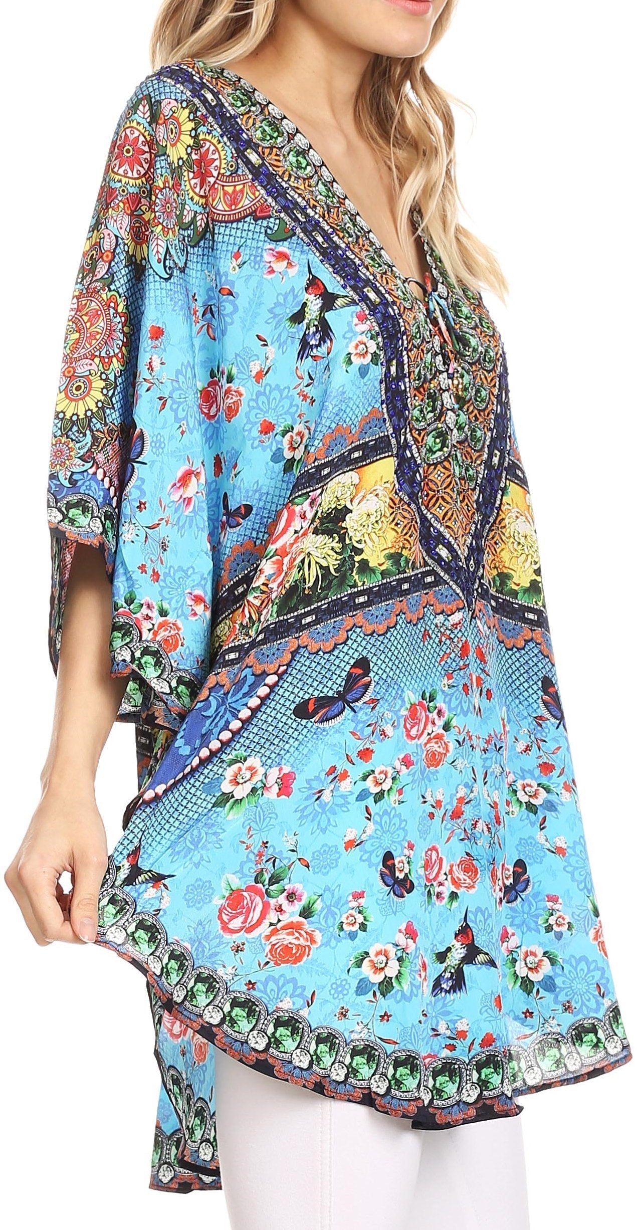 Sakkas - Tallulah Wide Circle Blouse V Neck Top With Tassle Ties And Rhinestones