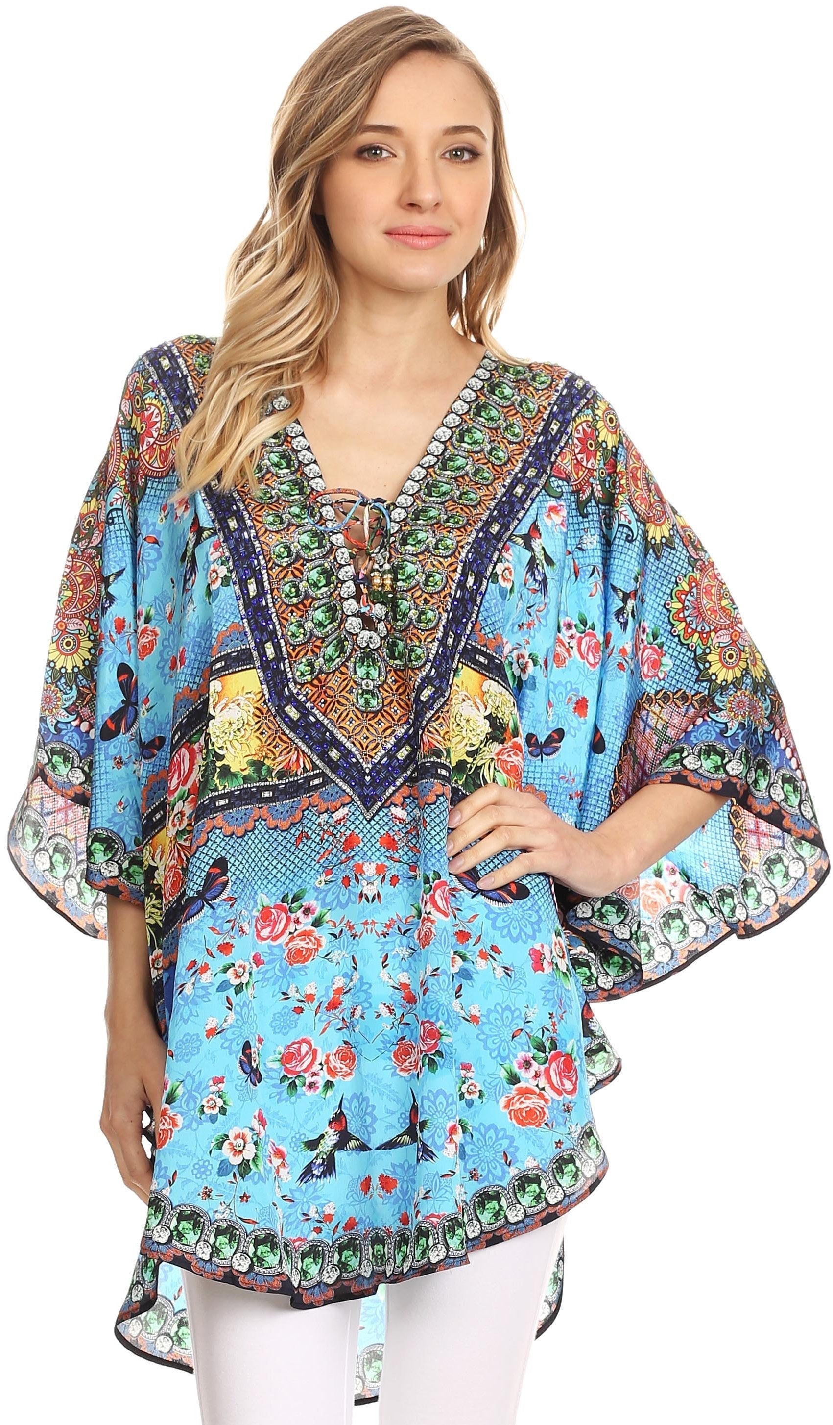 Sakkas - Tallulah Wide Circle Blouse V Neck Top With Tassle Ties And Rhinestones