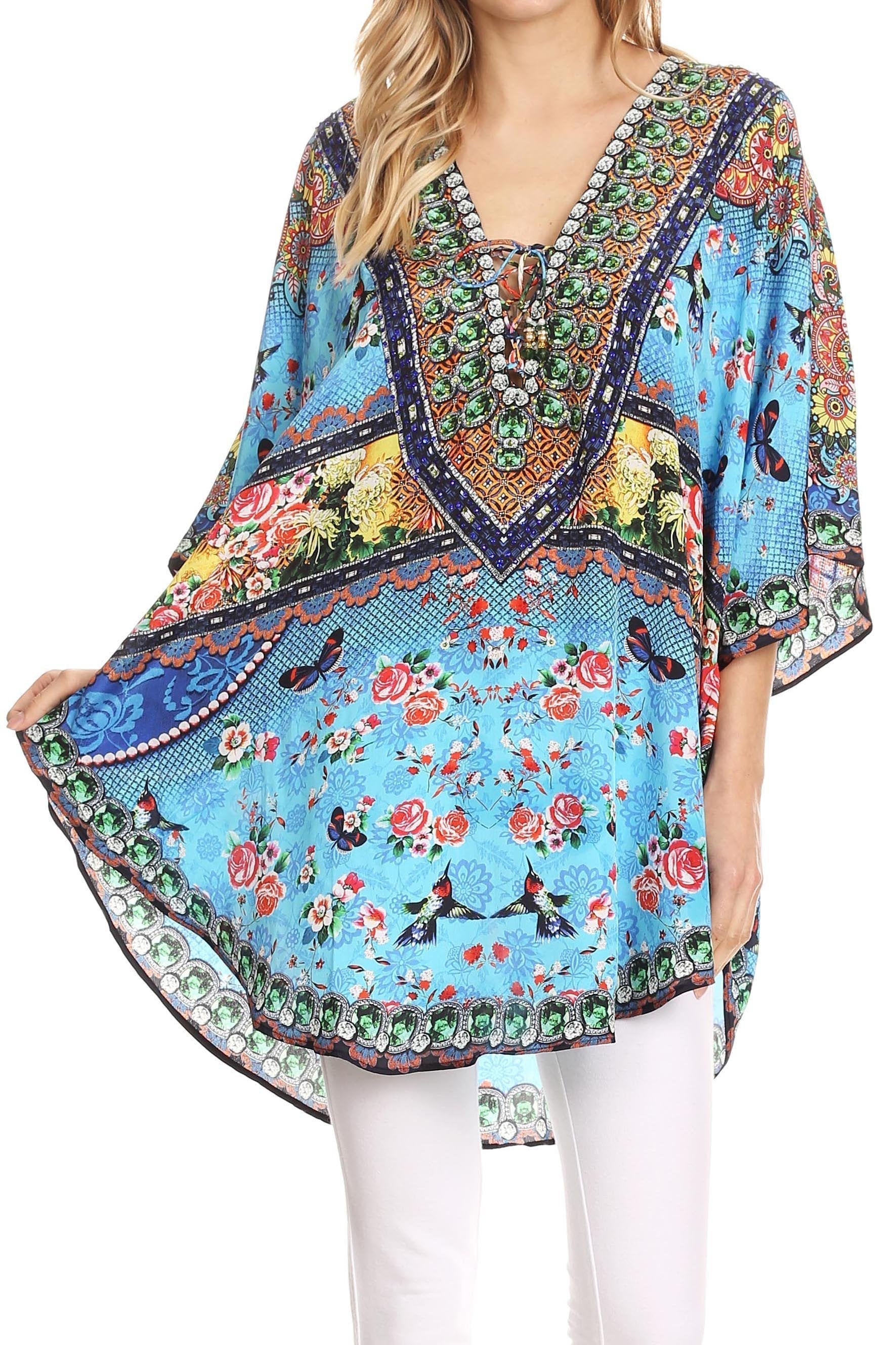 Sakkas - Tallulah Wide Circle Blouse V Neck Top With Tassle Ties And Rhinestones