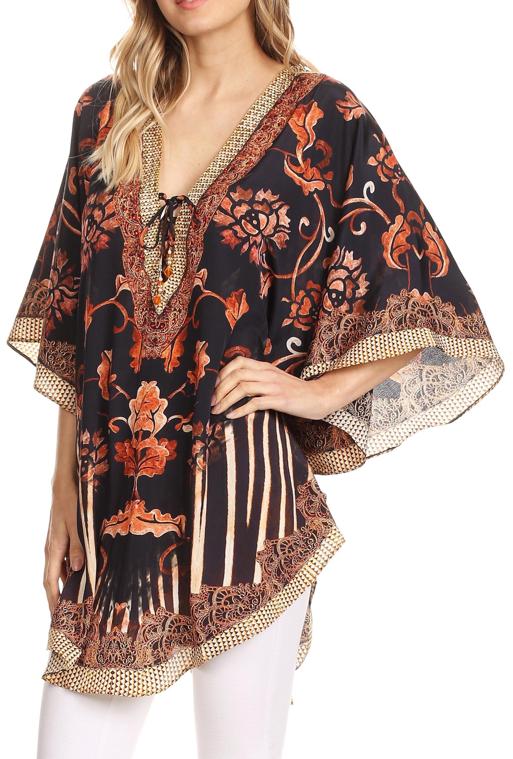 Sakkas - Tallulah Wide Circle Blouse V Neck Top With Tassle Ties And Rhinestones