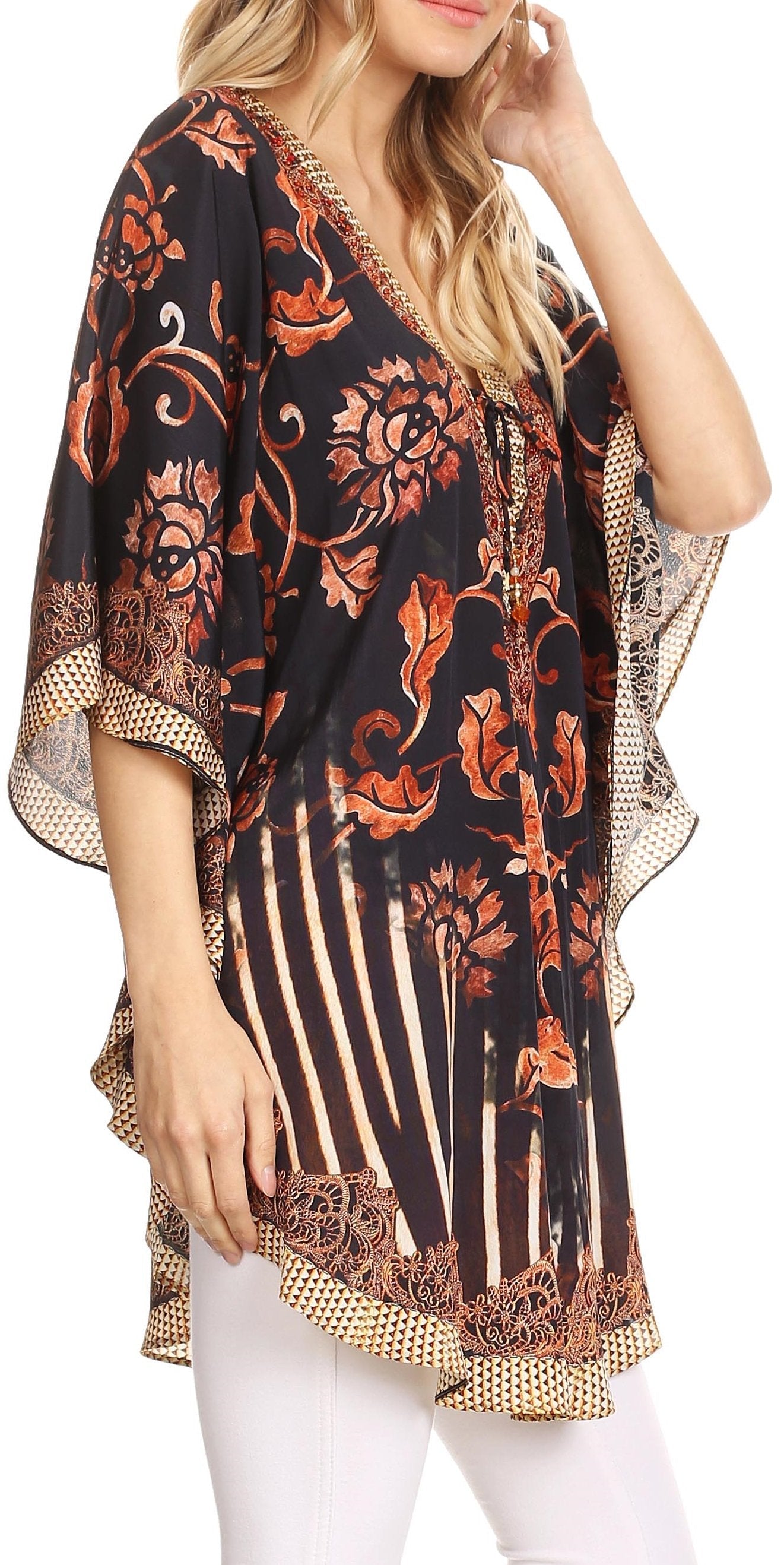 Sakkas - Tallulah Wide Circle Blouse V Neck Top With Tassle Ties And Rhinestones