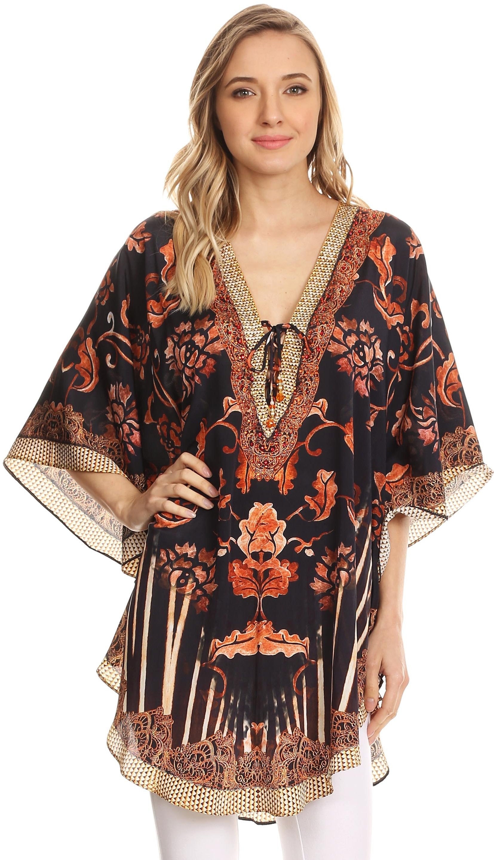 Sakkas - Tallulah Wide Circle Blouse V Neck Top With Tassle Ties And Rhinestones