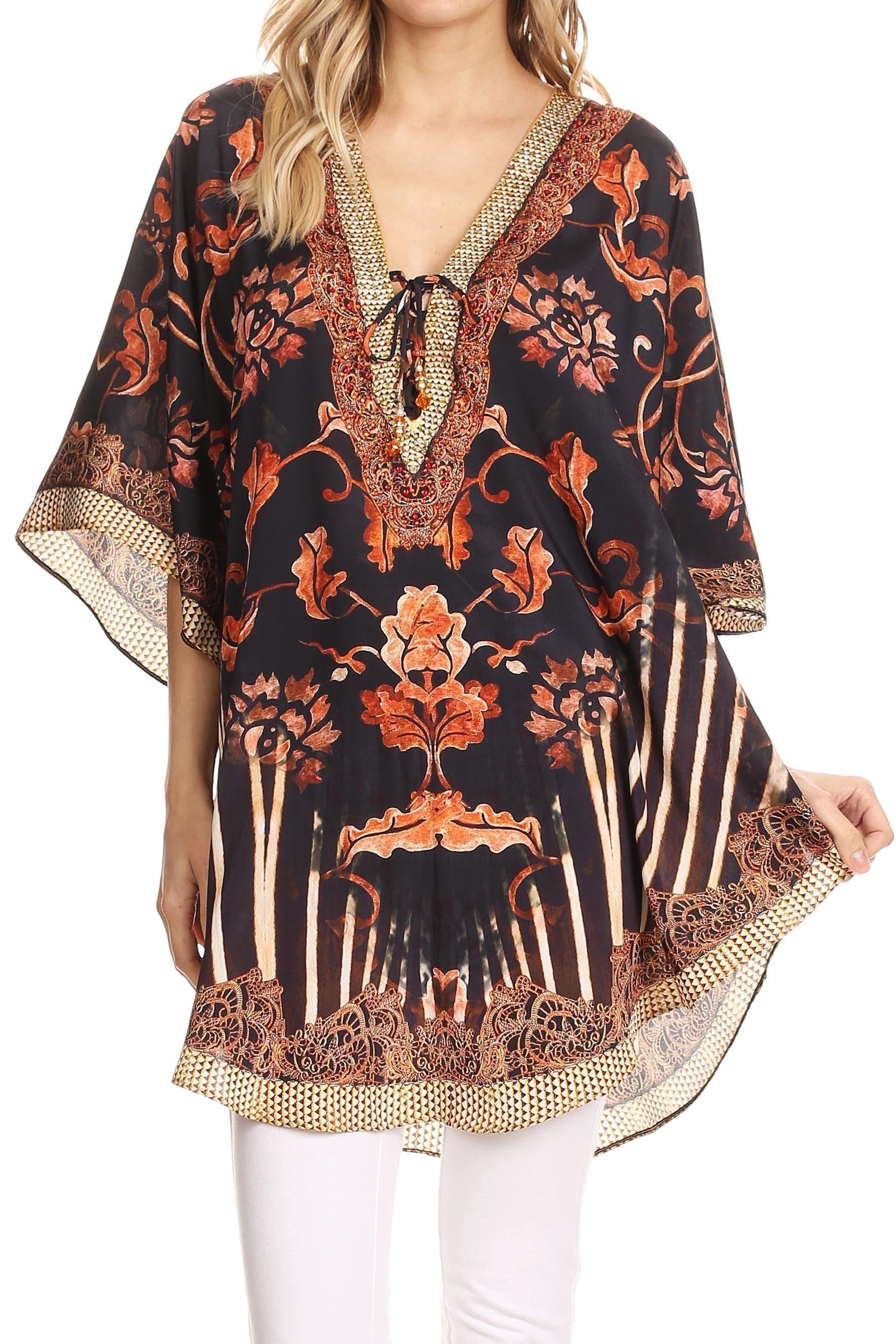 Sakkas - Tallulah Wide Circle Blouse V Neck Top With Tassle Ties And Rhinestones